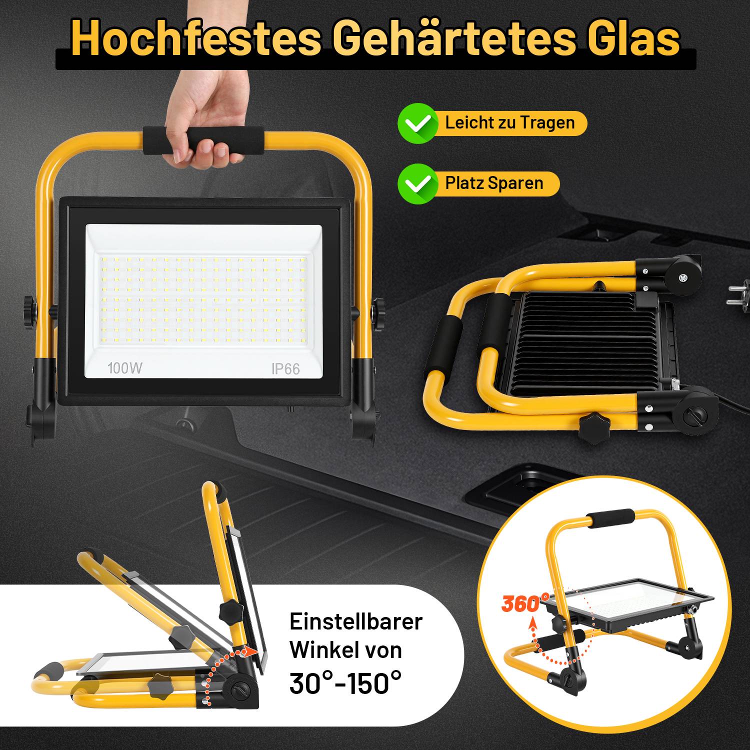LED Baustrahler 100W 8000lm Kaltweiß 6500K IP66 mit Standfuß & 3m Netzkabel LED Fluter Arbeitsstrahler für Baustelle Garten