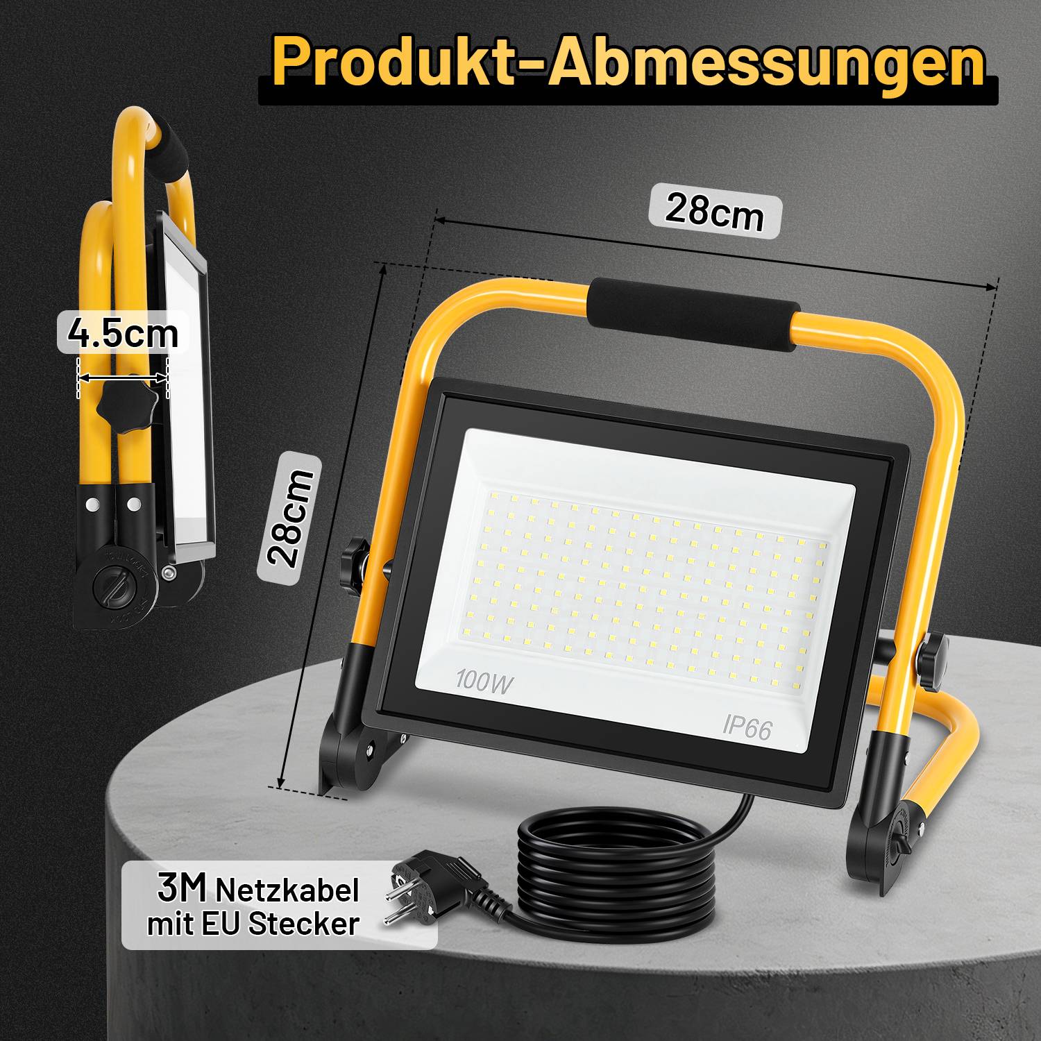 LED Baustrahler 100W 8000lm Kaltweiß 6500K IP66 mit Standfuß & 3m Netzkabel LED Fluter Arbeitsstrahler für Baustelle Garten
