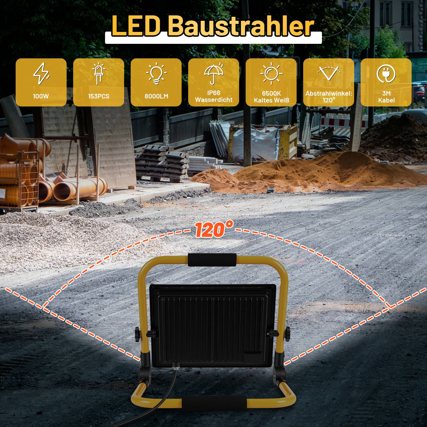 LED Baustrahler 100W Kaltweiß 6500K IP66 Arbeitsleuchte mit Standgestell & 3m Kabel für Garten Balkon Außenbereich