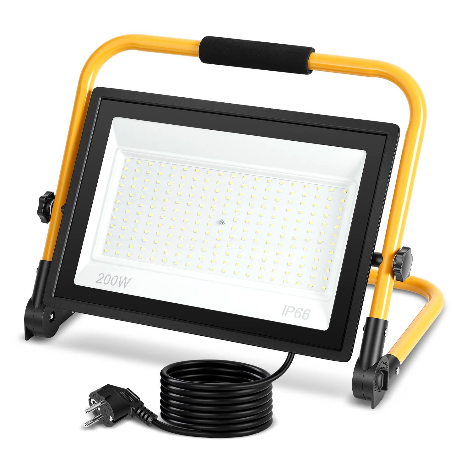 LED Baustrahler 200W Kaltweiß 6500K IP66 Arbeitsleuchte mit Standgestell & 3m Kabel für Garten Balkon Außenbereich