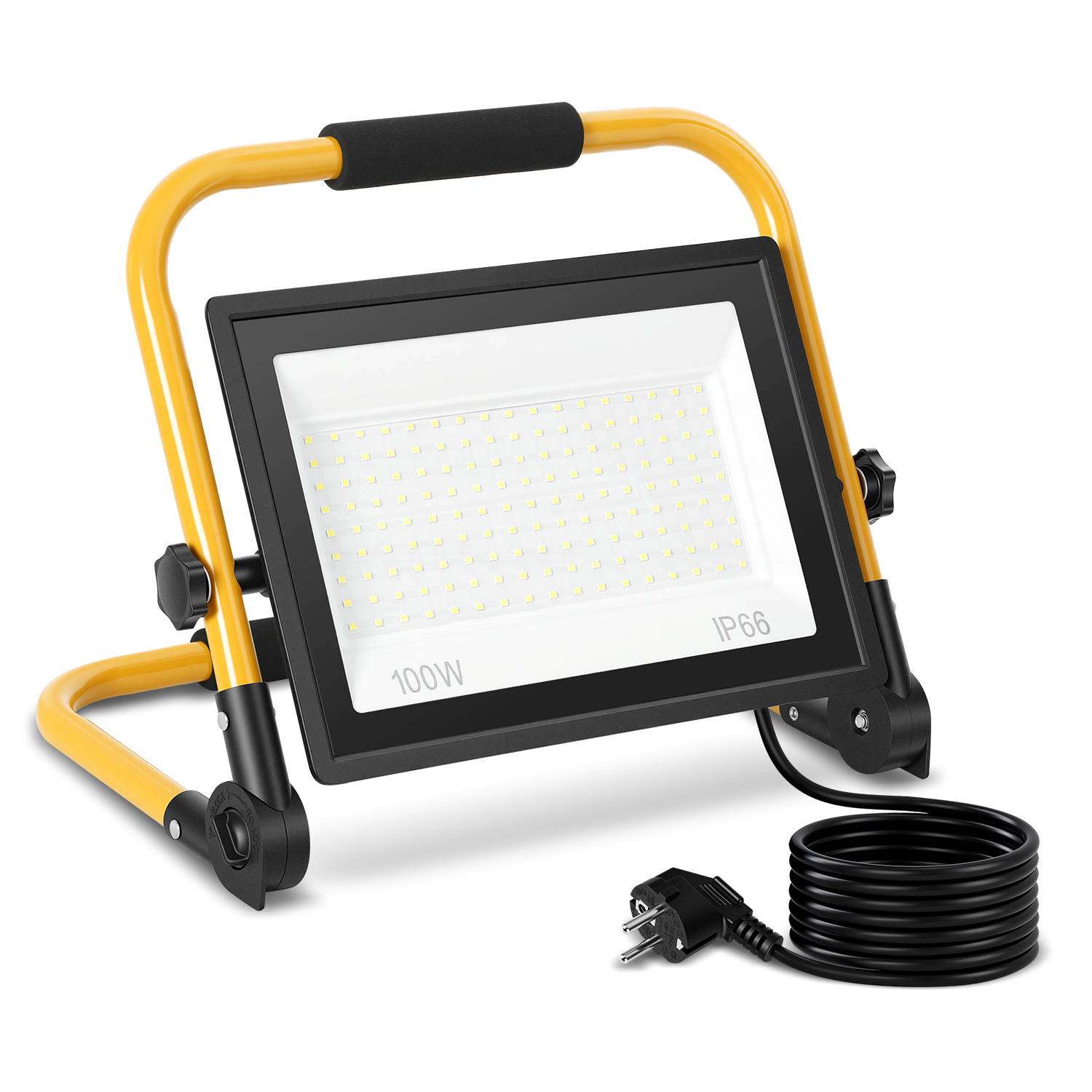 LED Baustrahler 100W 8000lm Kaltweiß 6500K IP66 mit Standfuß & 3m Netzkabel LED Fluter Arbeitsstrahler für Baustelle Garten