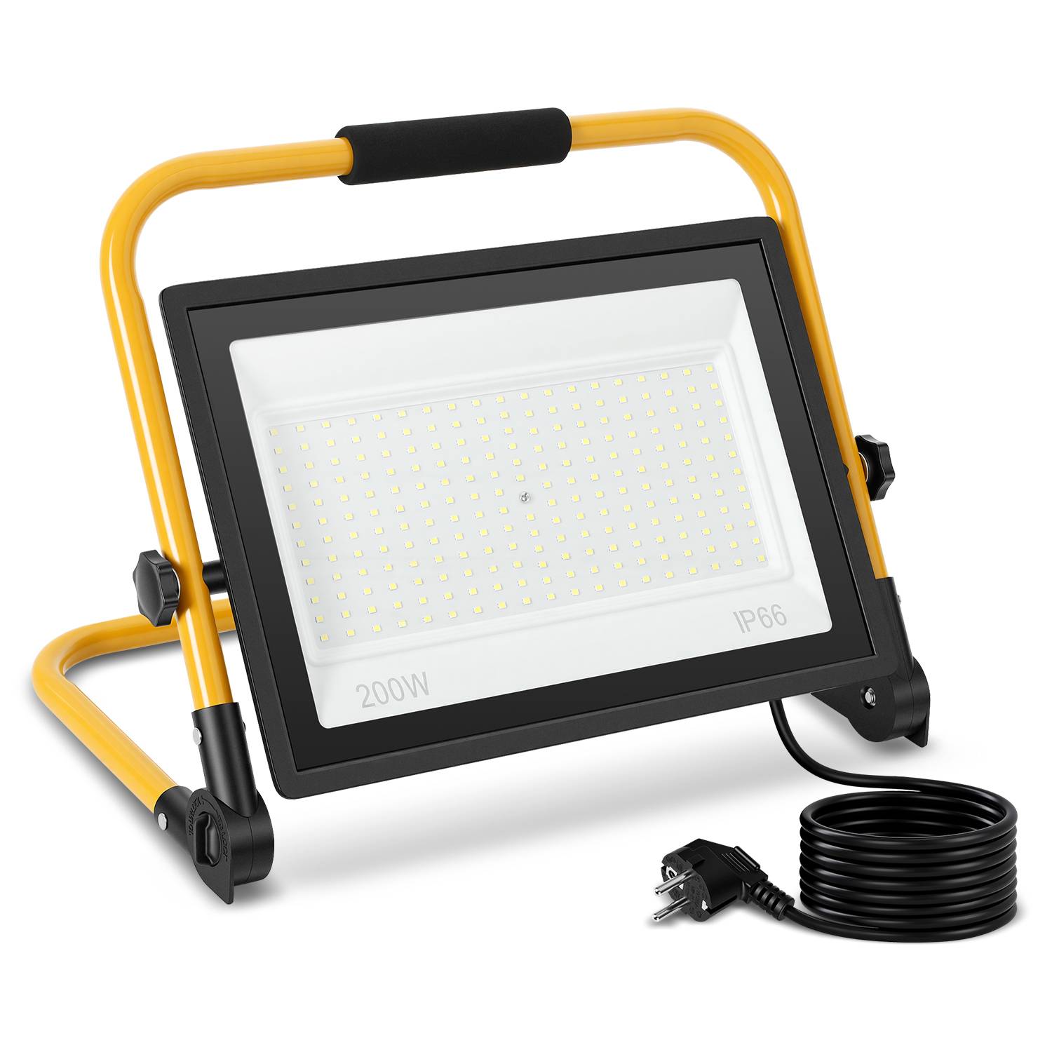 LED Baustrahler 200W 16000lm Kaltweiß 6500K IP66 mit Standfuß & 3m Netzkabel LED Fluter Arbeitsstrahler für Baustelle Garten