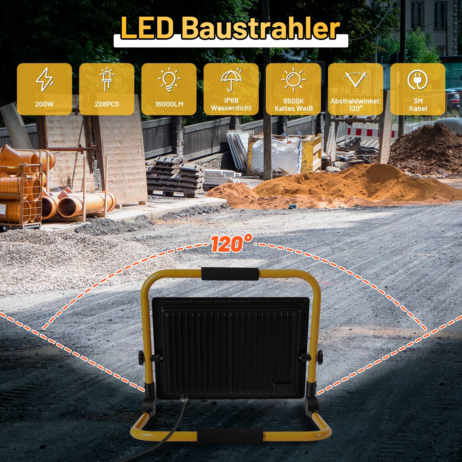 LED Baustrahler 200W 16000lm 6500K Hochleistungs Flutlicht mit Standgestell & 3m Kabel für Bau Industrie Außenbereich, Kaltweiß