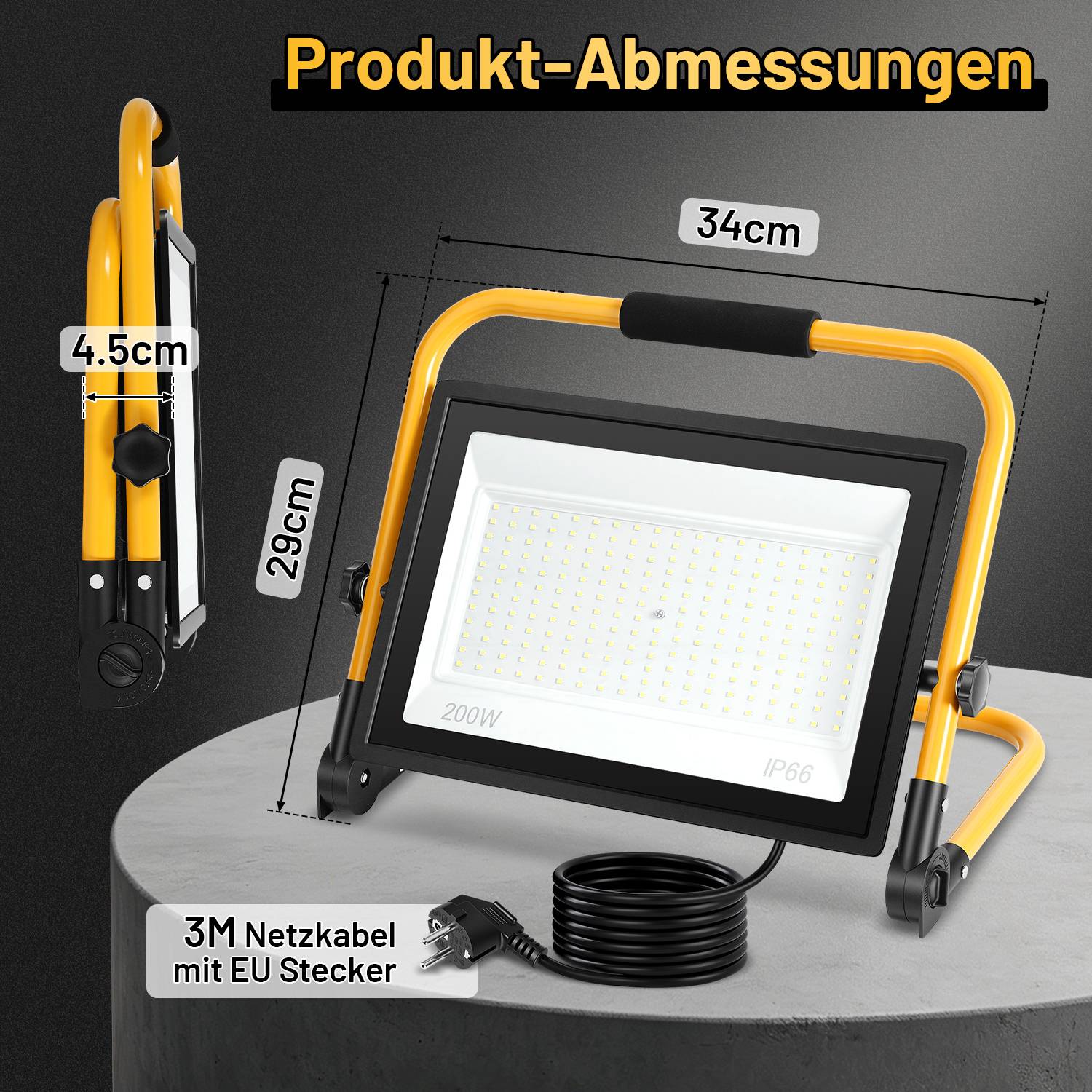 LED Baustrahler 200W 16000lm 6500K Hochleistungs Flutlicht mit Standgestell & 3m Kabel für Bau Industrie Außenbereich, Kaltweiß