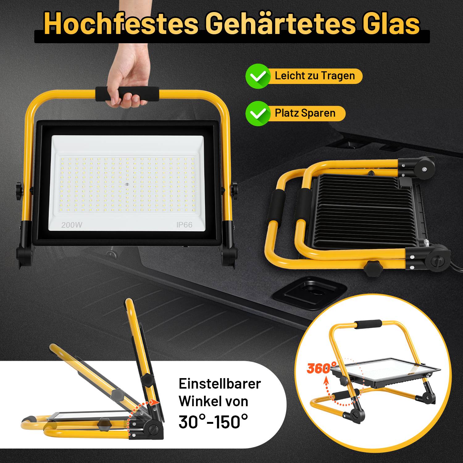 LED Baustrahler 200W 16000lm 6500K Hochleistungs Flutlicht mit Standgestell & 3m Kabel für Bau Industrie Außenbereich, Kaltweiß