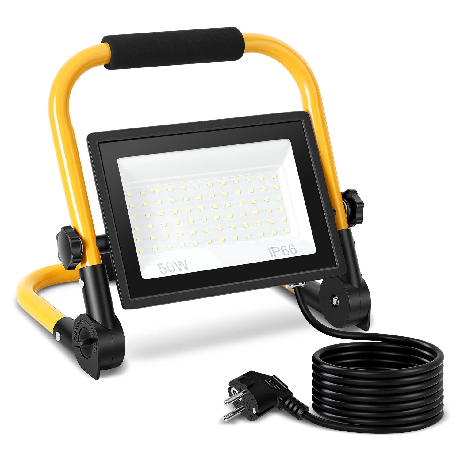 LED Baustrahler 50W 4000lm 6500K Hochleistungs Flutlicht mit Standgestell & 3m Kabel für Bau Industrie Außenbereich, Kaltweiß
