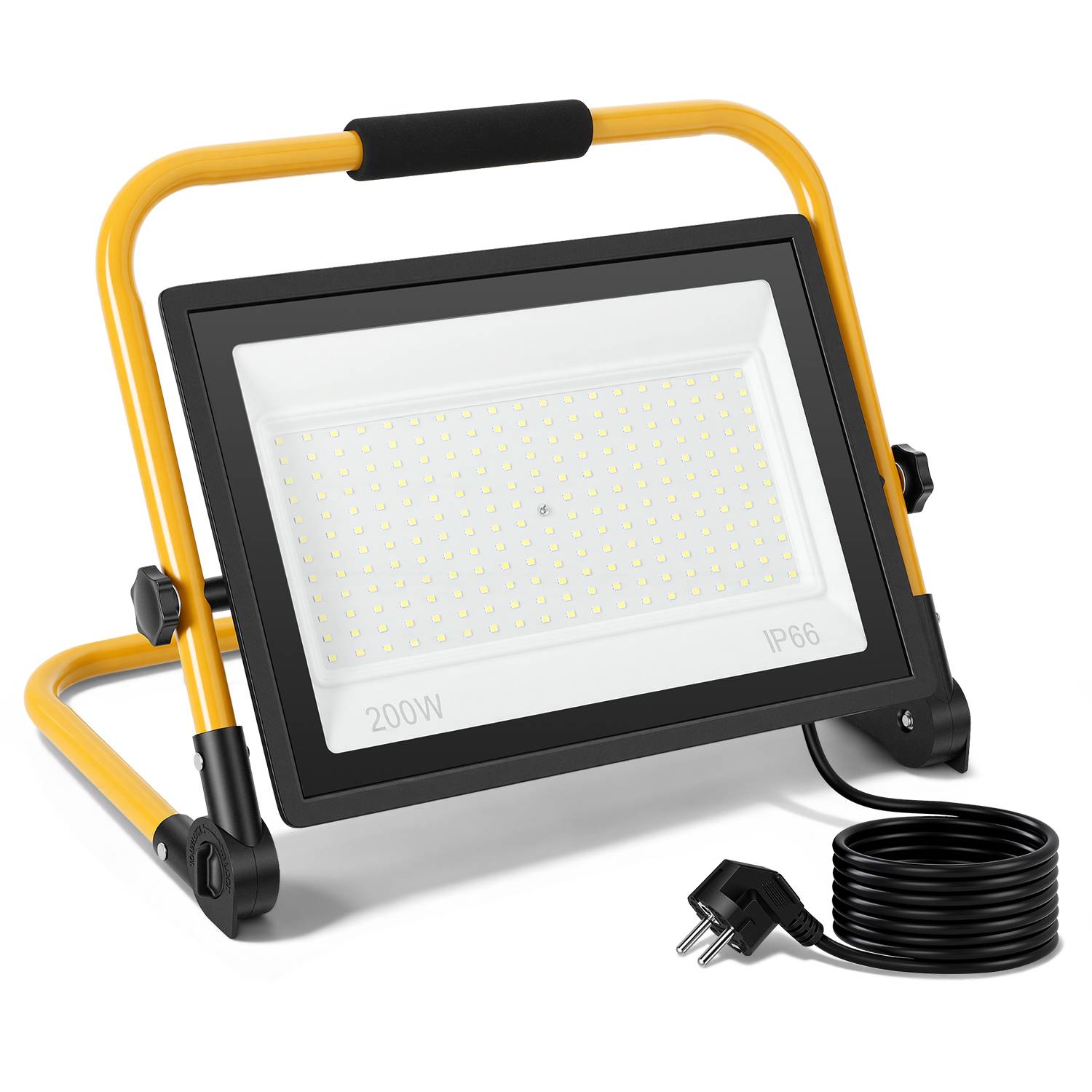 LED Baustrahler 200W 16000lm 6500K Hochleistungs Flutlicht mit Standgestell & 3m Kabel für Bau Industrie Außenbereich, Kaltweiß