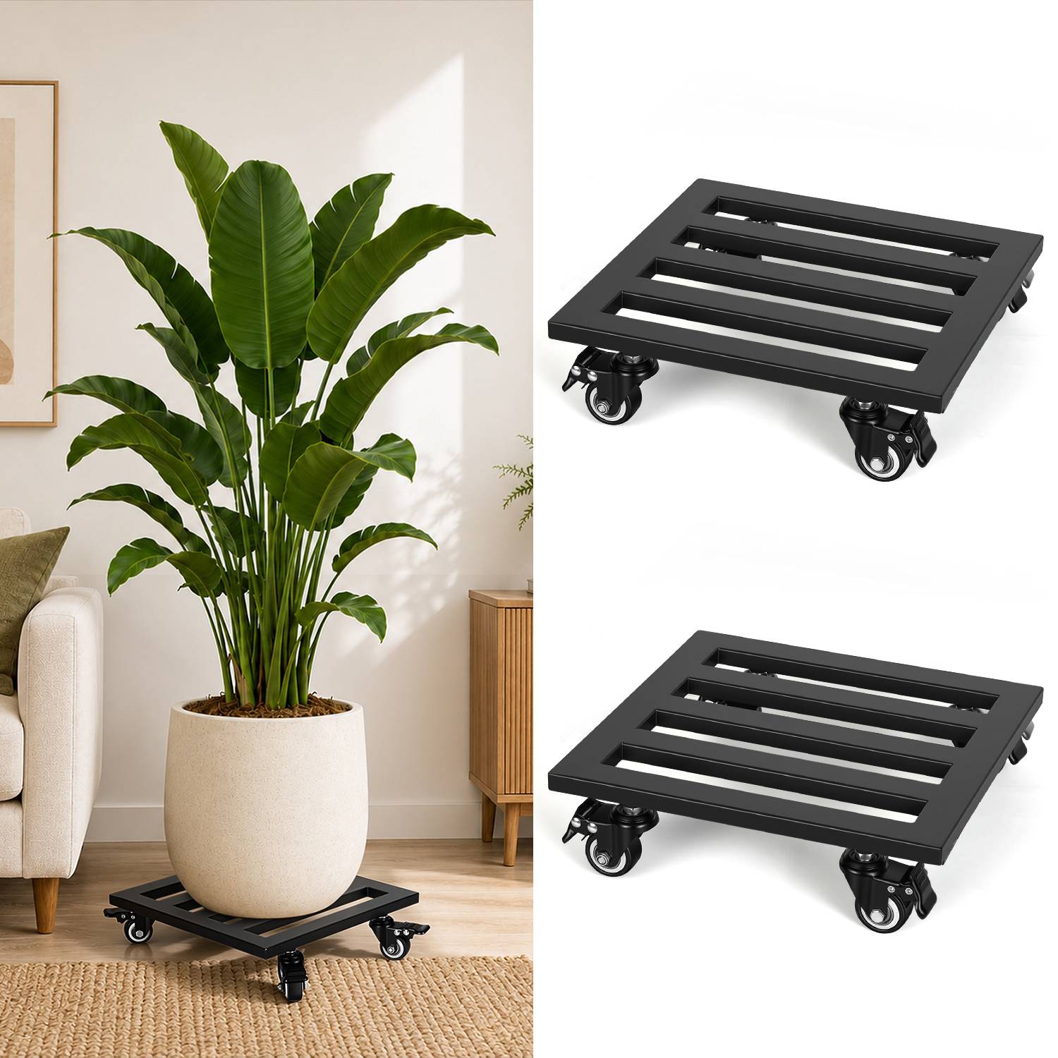 2er Set Pflanzenroller aus Metall 30 cm Pflanzuntersetzer mit Rollen 160 kg Traglast 4 Lenkrollen Blumenroller für Garten Balkon Innen Außen