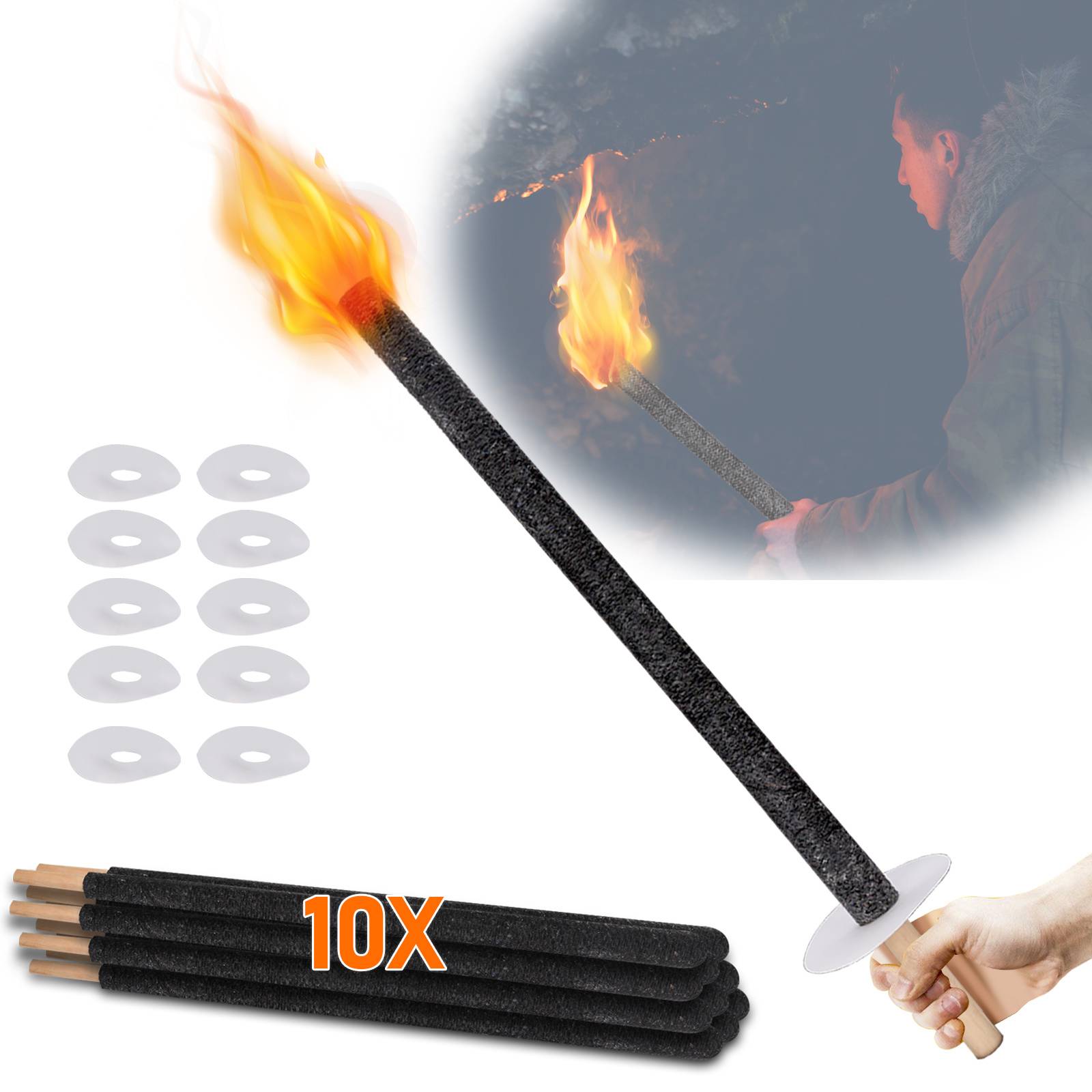 10x Wachsfackeln 72 cm Gartenfackeln mit Tropfschutz Holzgriff, Outdoor Fackeln für Party, Camping, Nachtwanderung