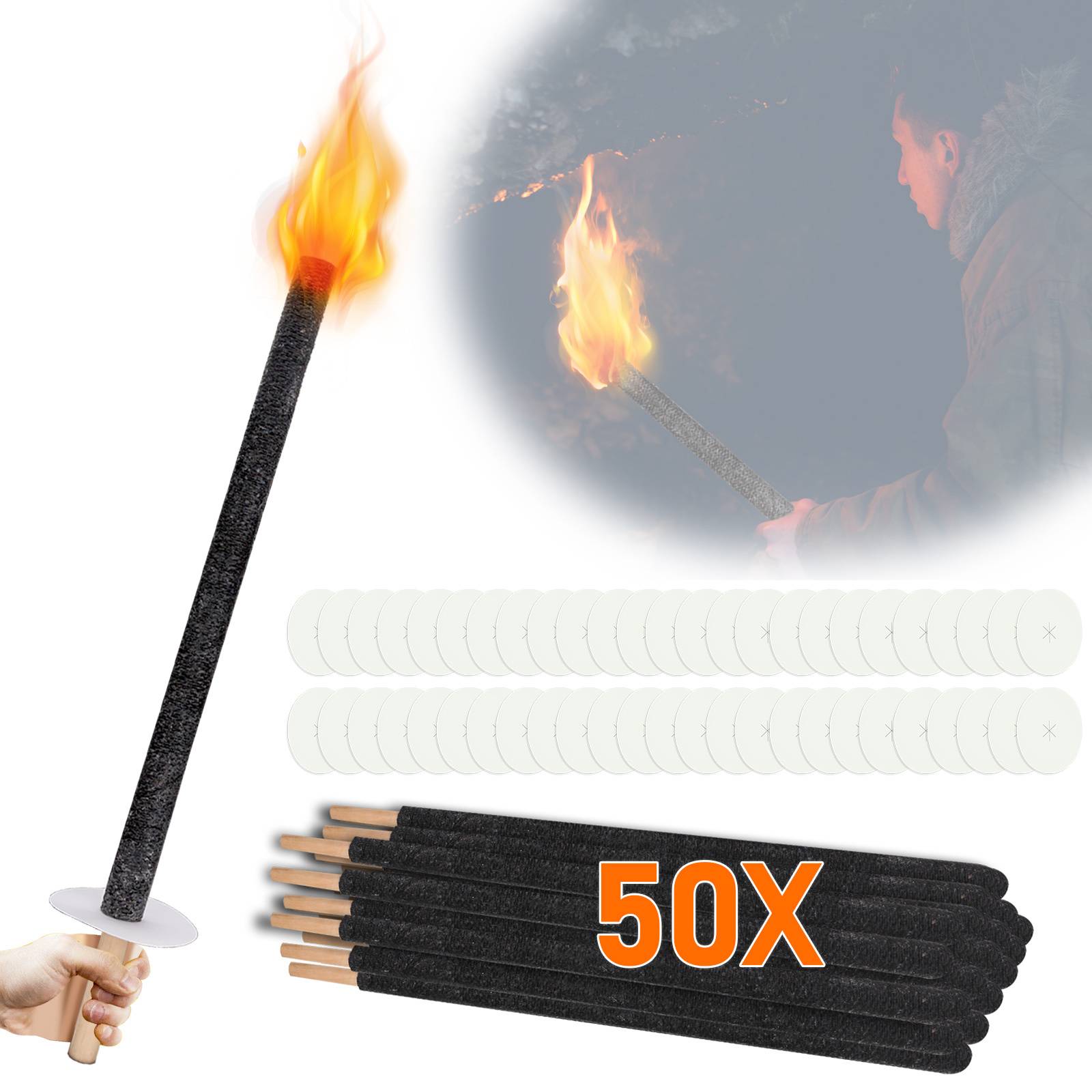 50x Wachsfackeln 72 cm Gartenfackeln mit Tropfschutz Holzgriff, Outdoor Fackeln für Party, Camping, Nachtwanderung