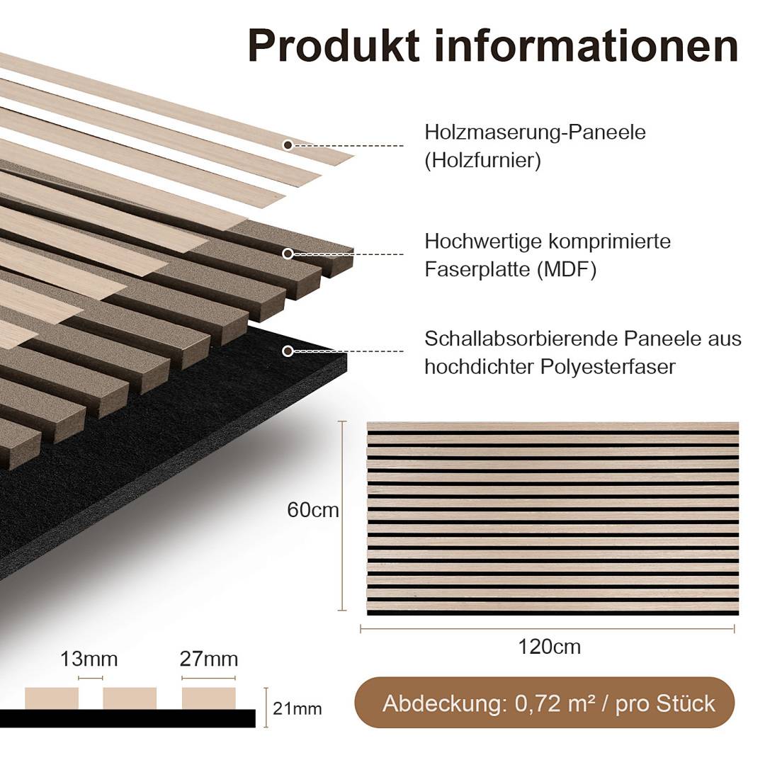 4x Akustikpaneel selbstklebend 120x60 cm Wandpaneel MDF/PET-Filz, Lamellenwand Schallschutz ohne Bohren Eiche Dekor