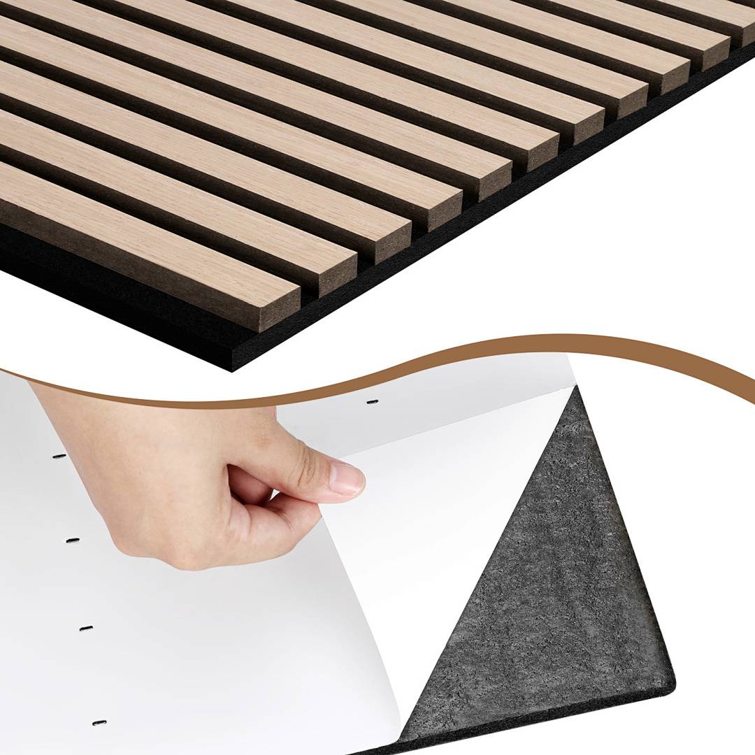 1x Akustikpaneel selbstklebend 120x60 cm Wandpaneel MDF/PET-Filz, Lamellenwand Schallschutz ohne Bohren Eiche Dekor