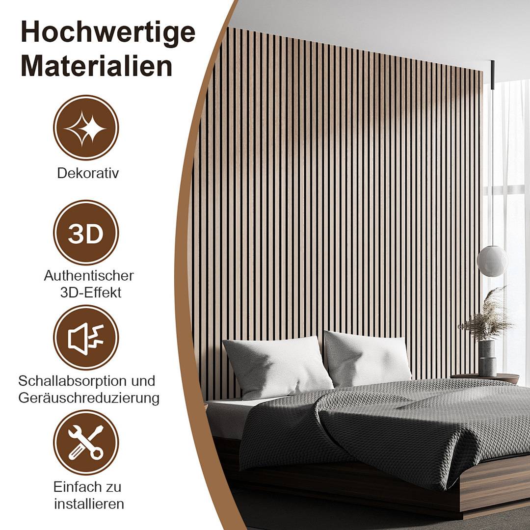 4x Akustikpaneel selbstklebend 120x60 cm Wandpaneel MDF/PET-Filz, Lamellenwand Schallschutz ohne Bohren Eiche Dekor