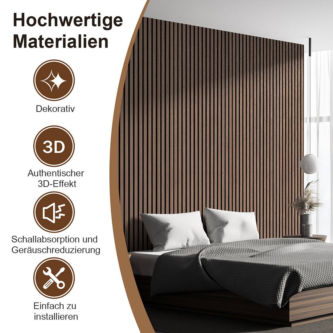 1x Akustikpaneel selbstklebend 120x60 cm Wandpaneel MDF/PET-Filz, Lamellenwand Schallschutz ohne Bohren Schwarznuss