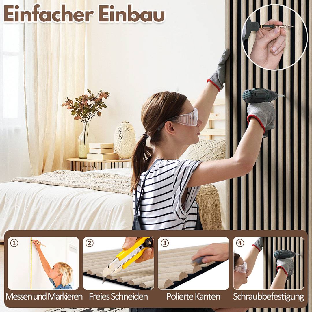 Person installiert ein schwarzes Lamellenwandpaneel in einem Schlafzimmer; eingefügte Schritte zeigen Messung, Schnitt, Polieren der Kanten und Schraubenbefestigung.