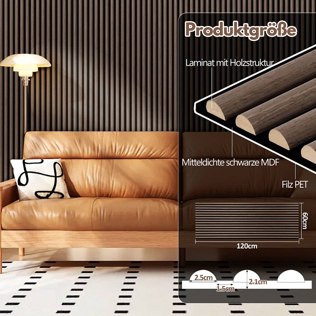 1x 3D Akustikpaneel Halbrund 120x60 cm Wandpaneel MDF/PET-Filz, Lamellenwand Schallschutz Raumakustik Schwarznuss