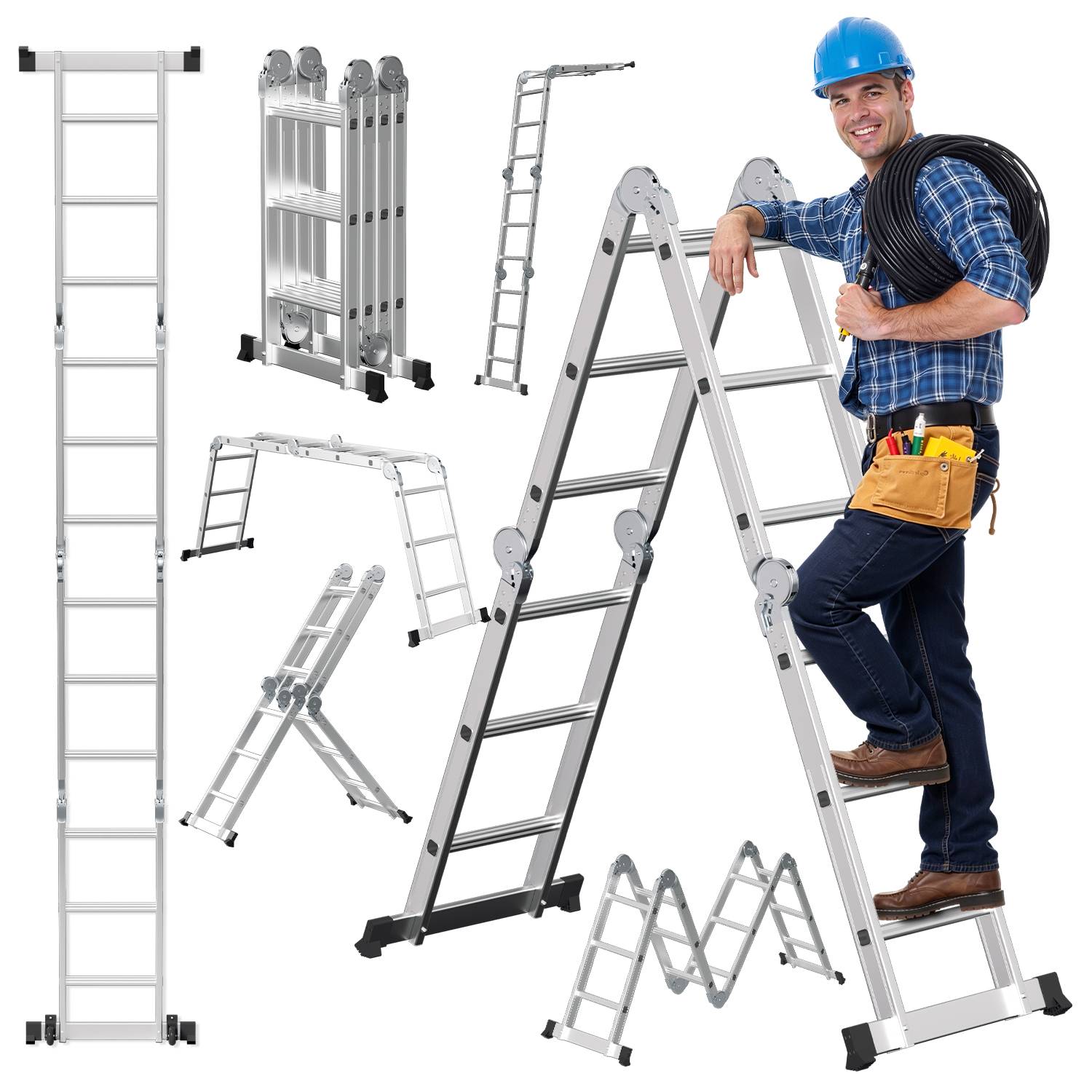 Aluminium Gelenkleiter 4x3 Stufen, Vielzweckleiter klappbar, Haushaltsleiter, Silber, 150 kg