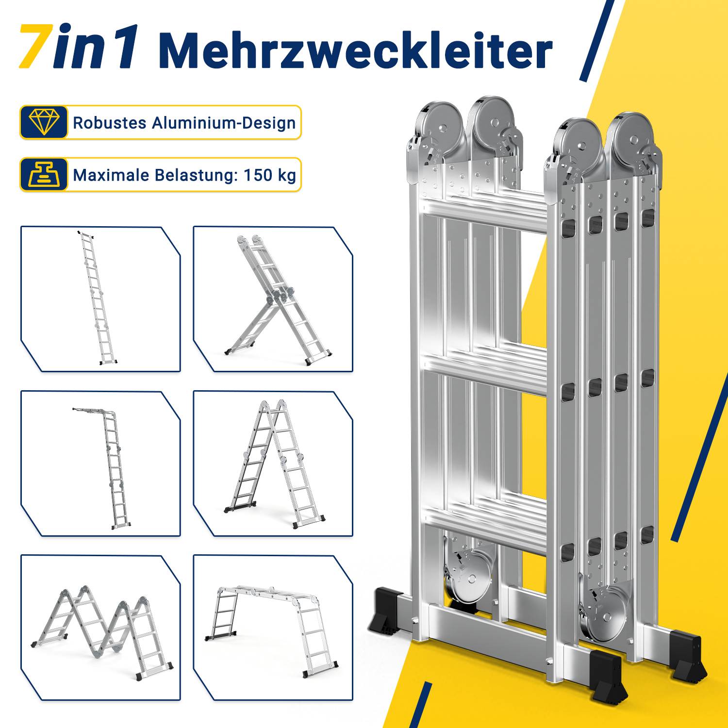 Aluminium Gelenkleiter 4x3 Stufen, Vielzweckleiter klappbar, Haushaltsleiter, Silber, 150 kg