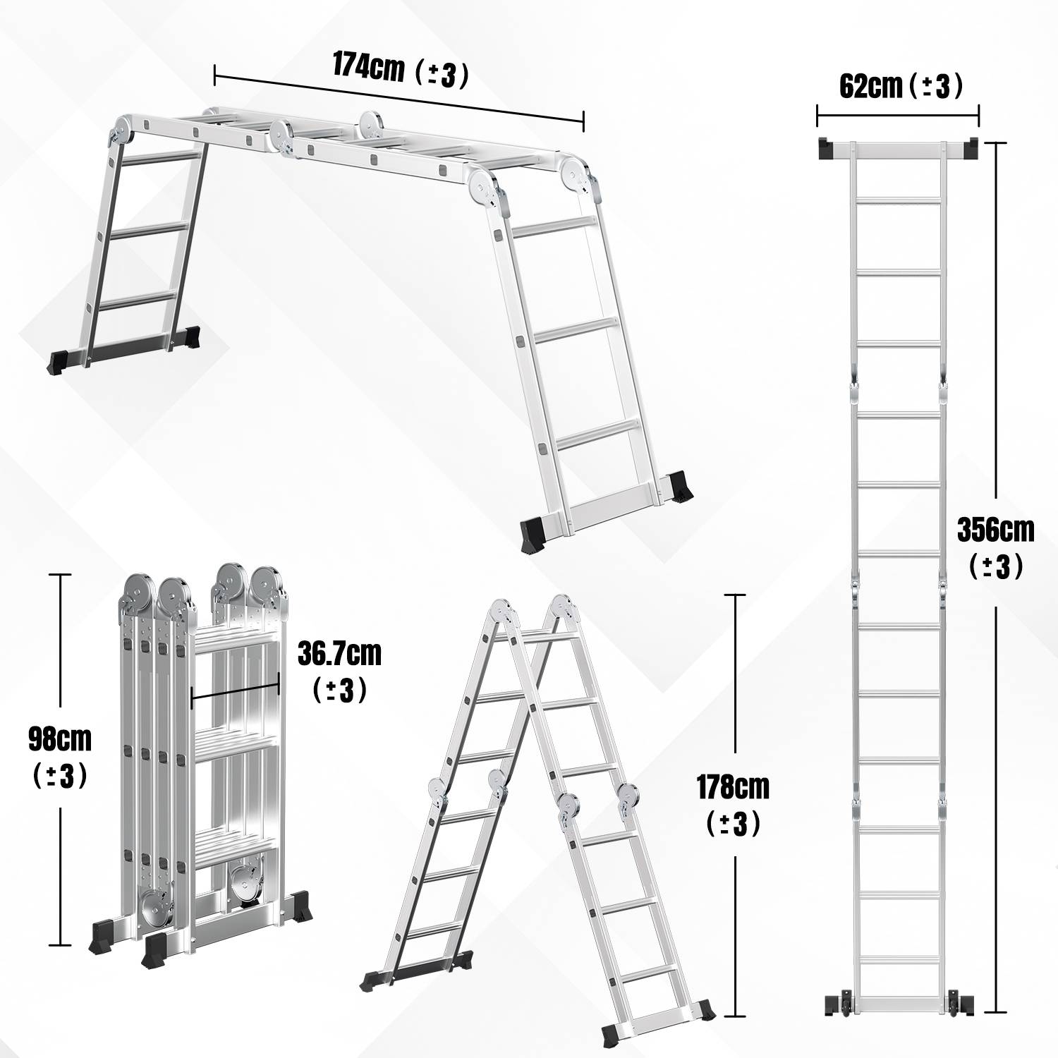 Aluminium Gelenkleiter 4x3 Stufen, Vielzweckleiter klappbar, Haushaltsleiter, Silber, 150 kg