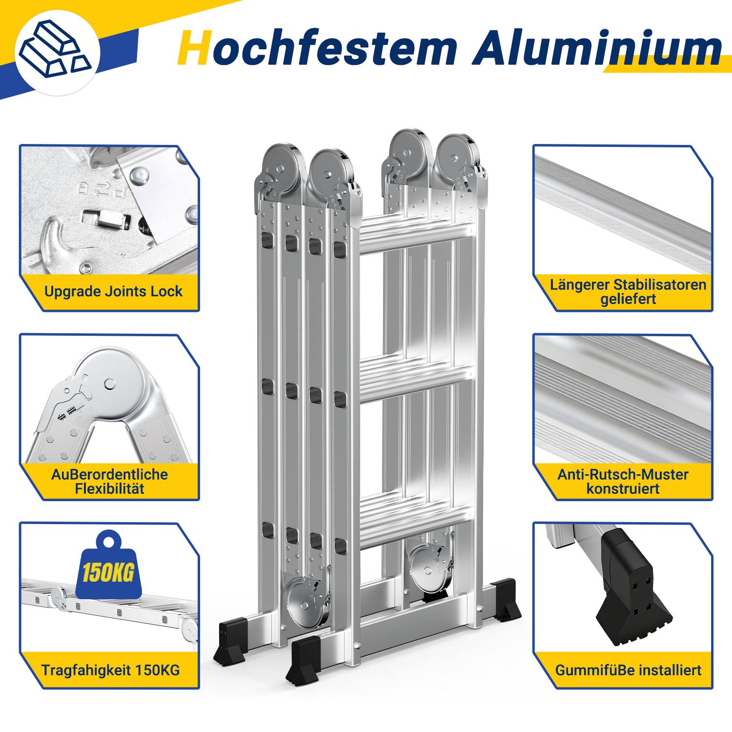Aluminium Gelenkleiter 4x3 Stufen, Vielzweckleiter klappbar, Haushaltsleiter, Silber, 150 kg