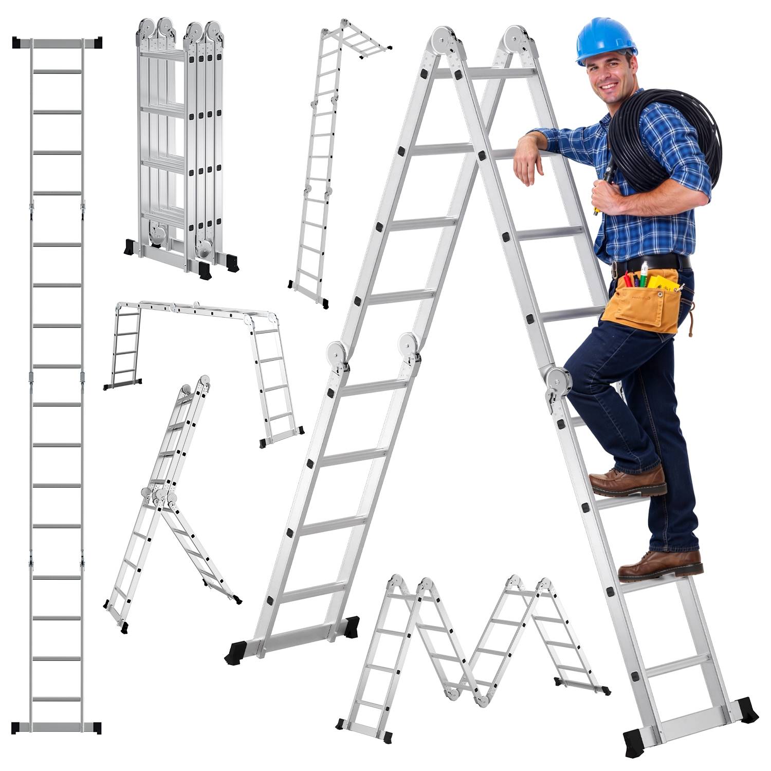 Aluminium Gelenkleiter 4x4 Stufen, Vielzweckleiter klappbar, Haushaltsleiter, Silber, 150 kg
