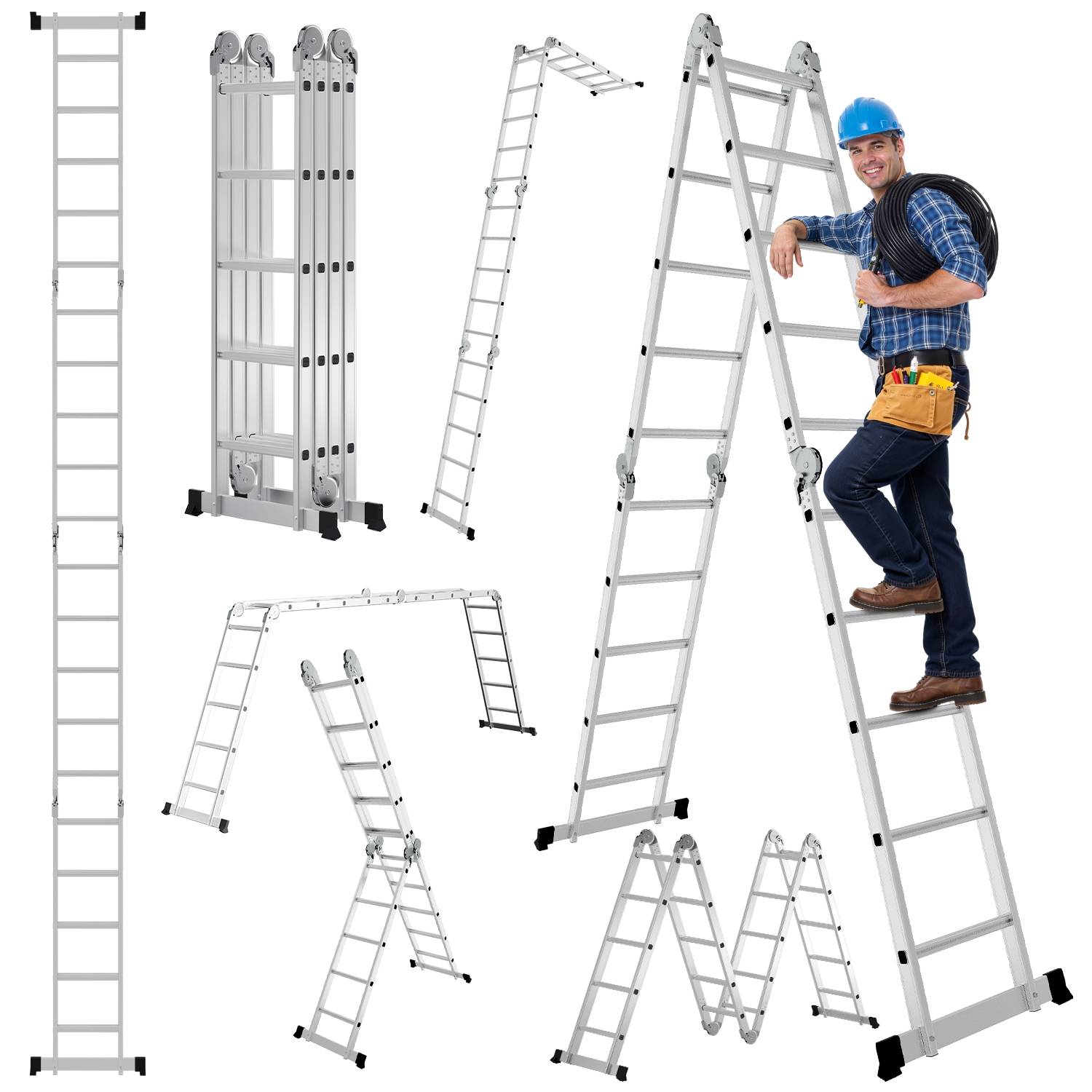Aluminium Gelenkleiter 4x5 Stufen, Vielzweckleiter klappbar, Haushaltsleiter, Silber, 150 kg