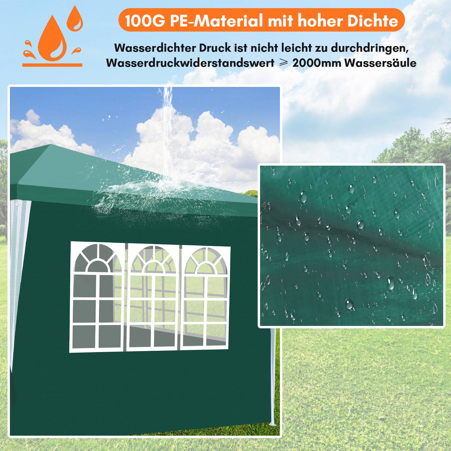 Gartenzelt 3x3m Pavillon mit PE Plane UV Schutz wasserdicht Festzelt für Terrasse und Outdoor Party Grün