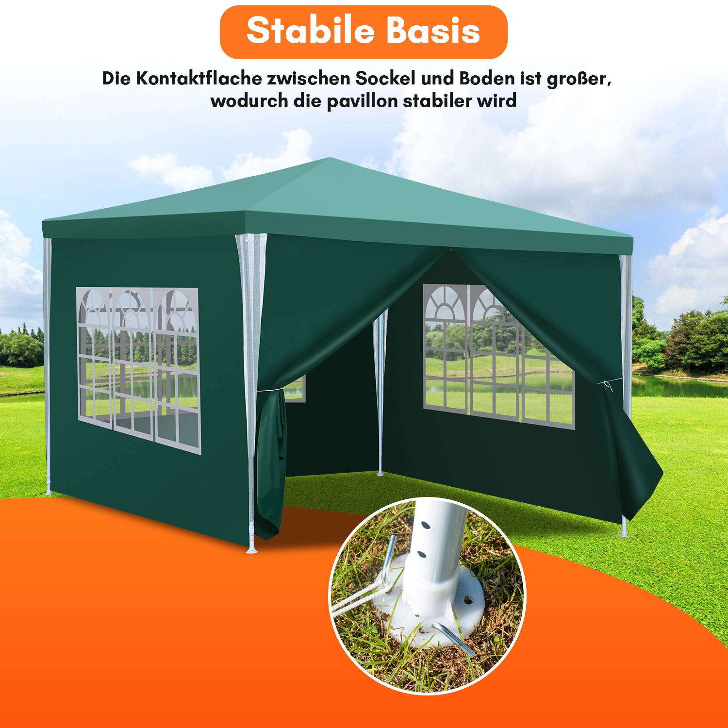 Gartenzelt 3x3m Pavillon mit PE Plane UV Schutz wasserdicht Festzelt für Terrasse und Outdoor Party Grün