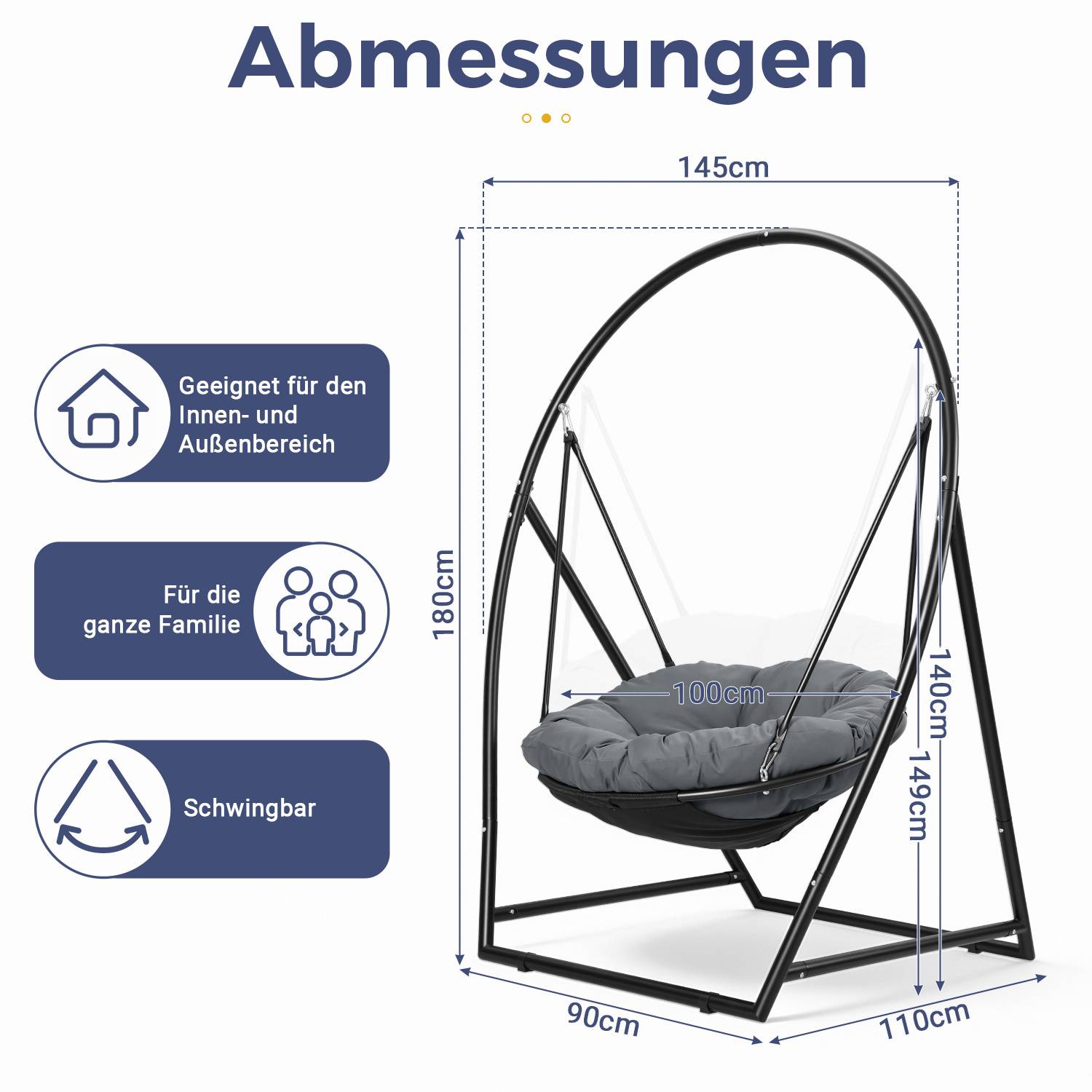 Hängesessel mit Gestell Kissen 150kg - Hängestuhl höhenverstellbar - Hängeschaukel Outdoor & Indoor - Korbhängesessel - Hängekorb Schaukel Garte