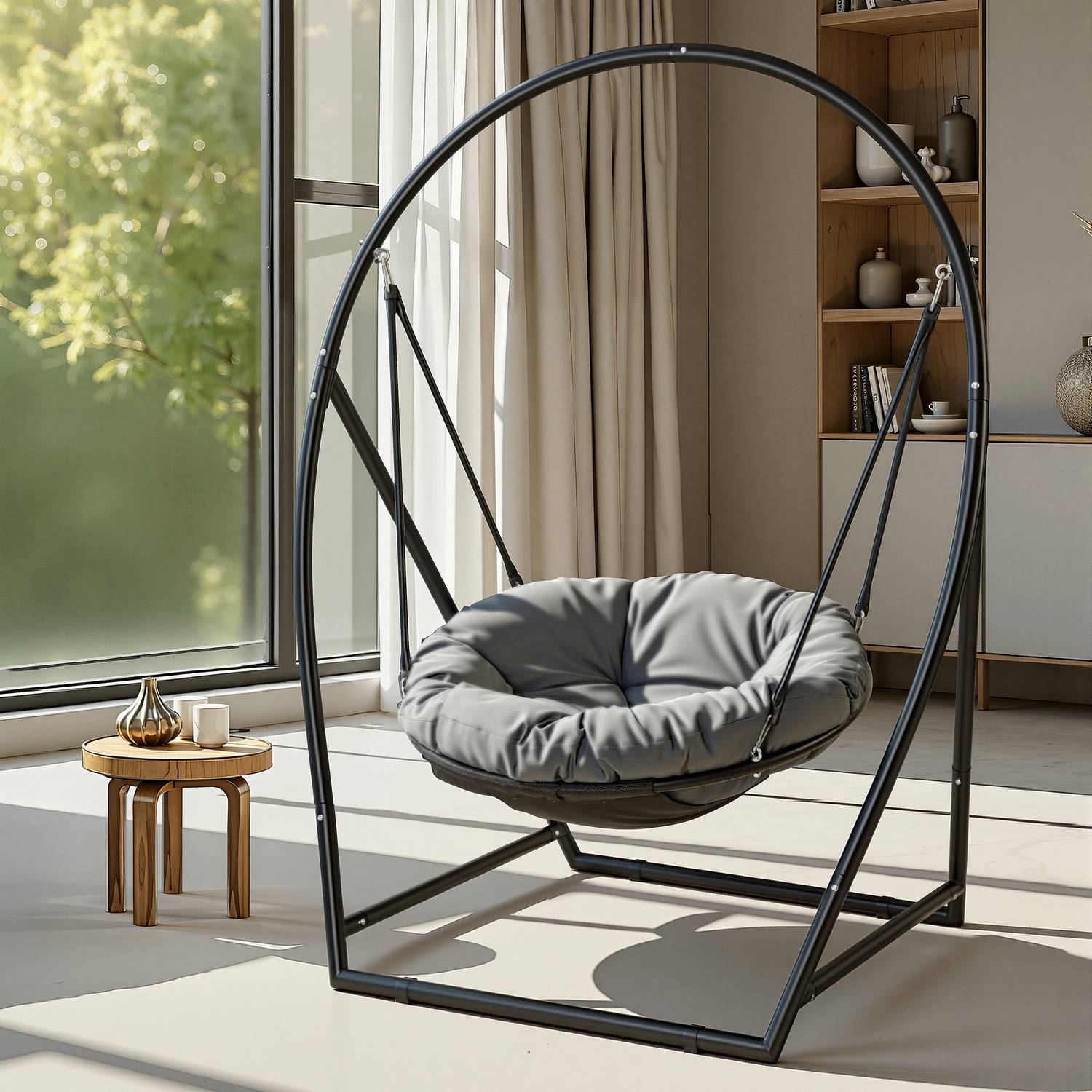 Hängesessel mit Gestell und Kissen Hängeschaukel Hängestuhl bis 150kg für Indoor und Outdoor + Kissen Hängekorb Stahlgestell & Sitzpolster Schauk