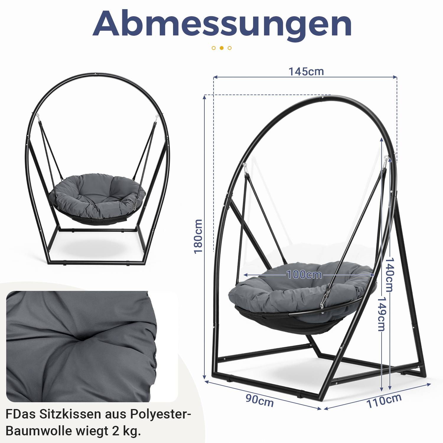 Hängesessel mit Gestell und Kissen Hängeschaukel Hängestuhl bis 150kg für Indoor und Outdoor + Kissen Hängekorb Stahlgestell & Sitzpolster Schauk