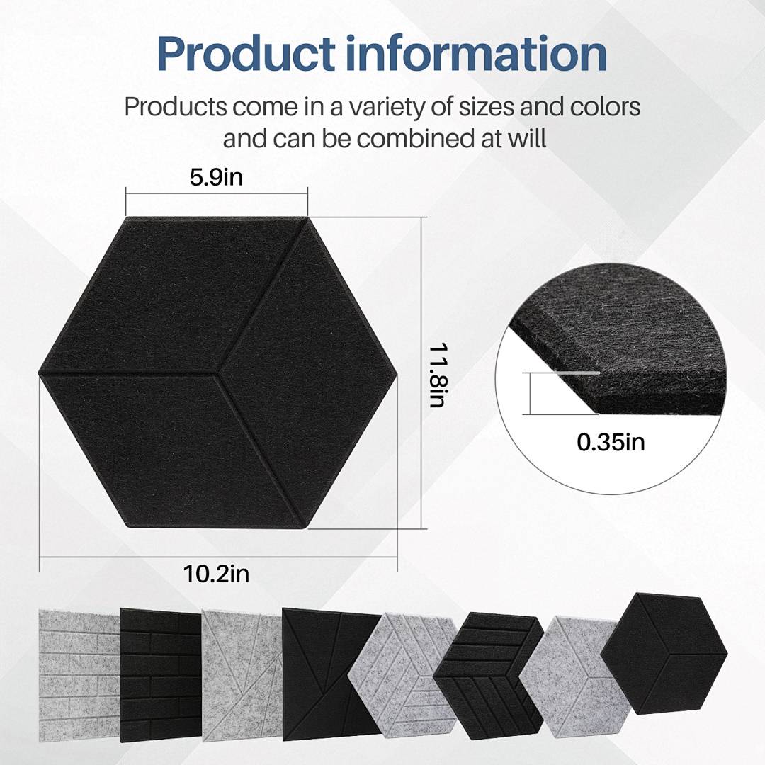 Akustikpaneele Filz Selbstklebend 12 Stück, Sechseck 15 cm Schallabsorber Wandpaneele 0,9 cm, geschlitztes Design, Schwarz
