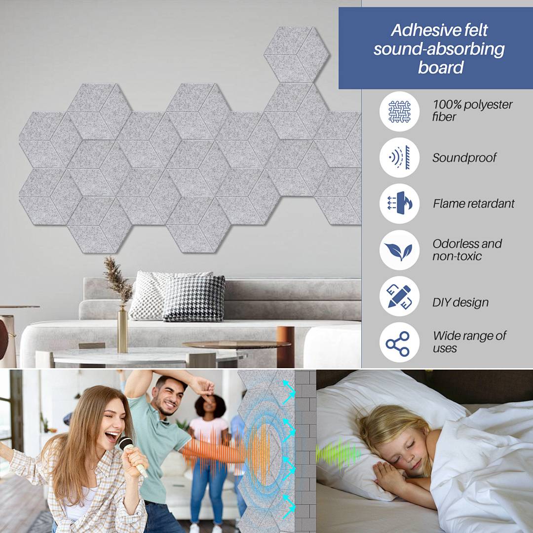 Akustikpaneele Filz Selbstklebend 12 Stück, Sechseck 15 cm Schallabsorber Wandpaneele 0,9 cm, Streifenmuster, Grau