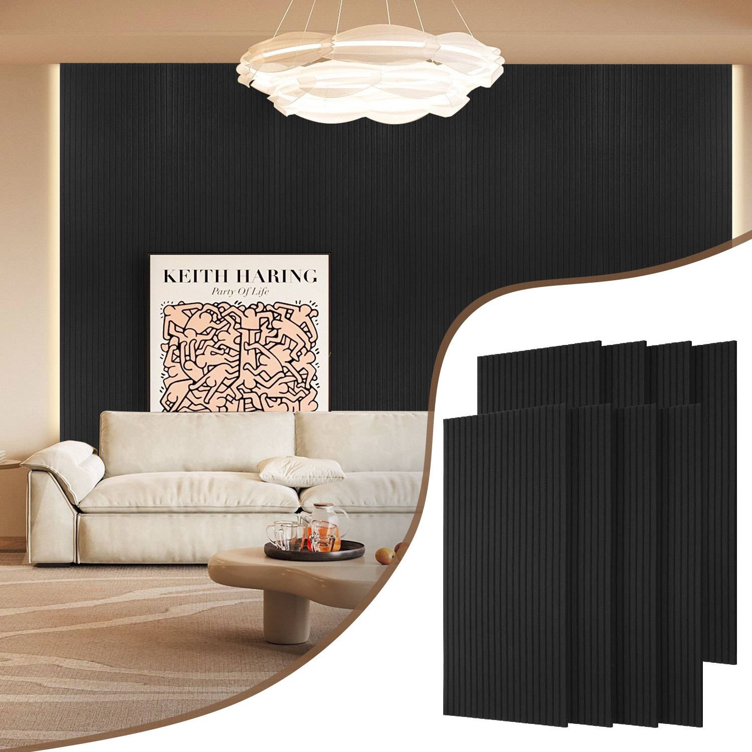 Akustikpaneele Filz Selbstklebend 8 Stück, 120 x 60 x 0,9 cm Schallabsorber Wandpaneele, Vertikale Rillen, Schwarz