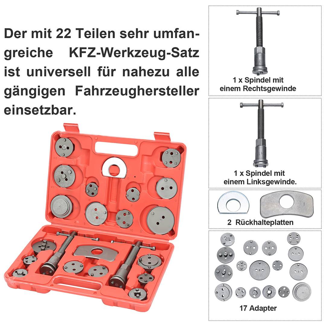 Bremskolbenrücksteller Umschaltbar Set Universal für Audi VW KFZ Auto Bremsen Bremse Kolben Druckluft Ratsche 22tlg