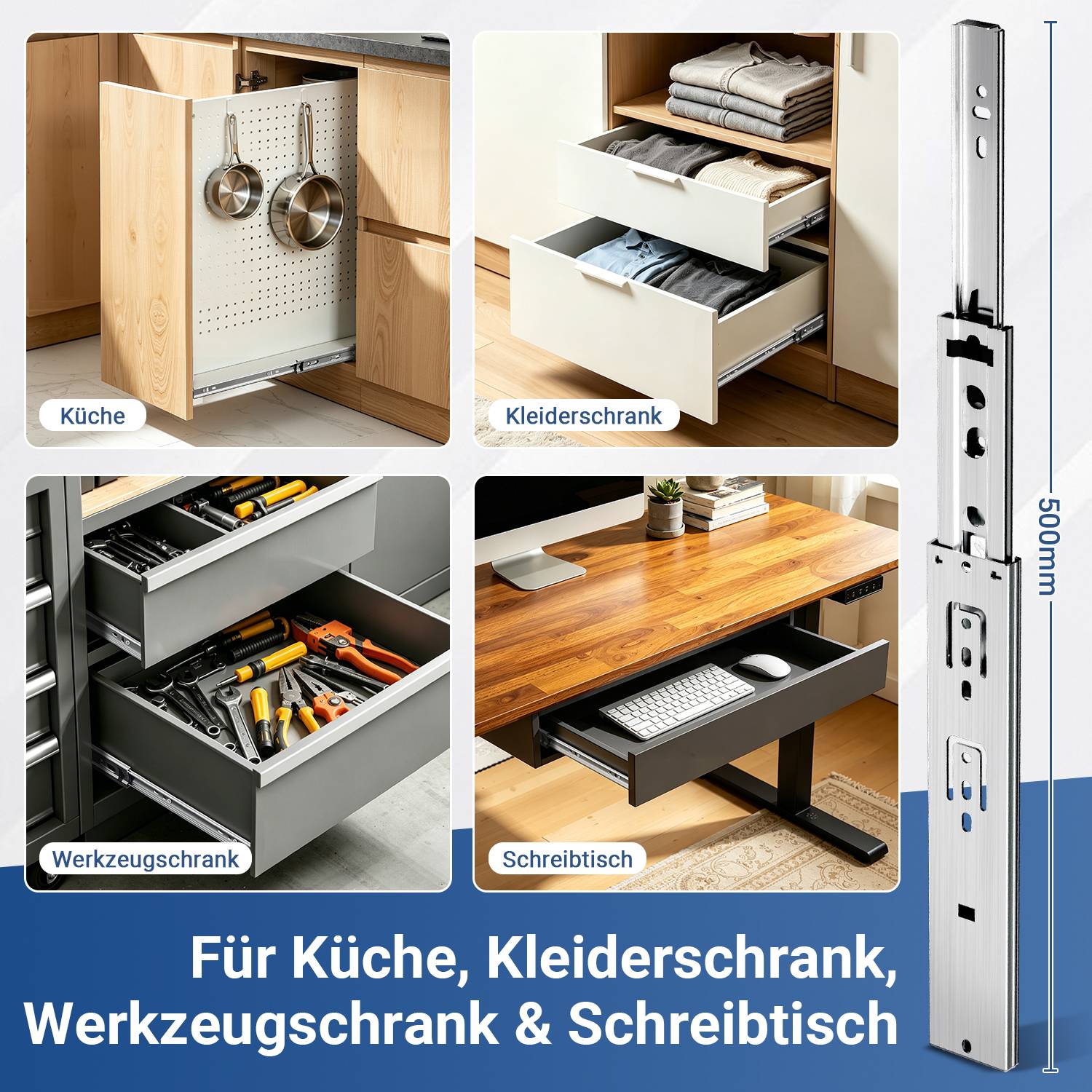 3Paar Schubladenschienen Vollauszug, robuste Teleskopschienen mit automatischem Selbsteinzug, Soft-Close, 45 kg belastbar, für Küche Bad Büro Läng