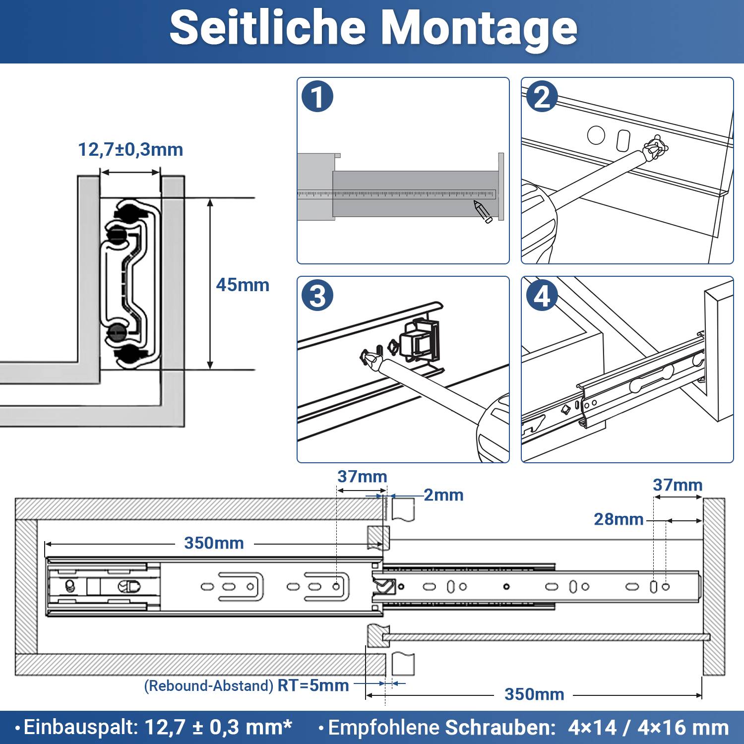 Schubladenschienen, 3-teilig Vollauszug mit Soft-Close & Selbsteinzug, 74 kg Tragkraft, kaltgewalzter Stahl Länge 350mm 4Paar