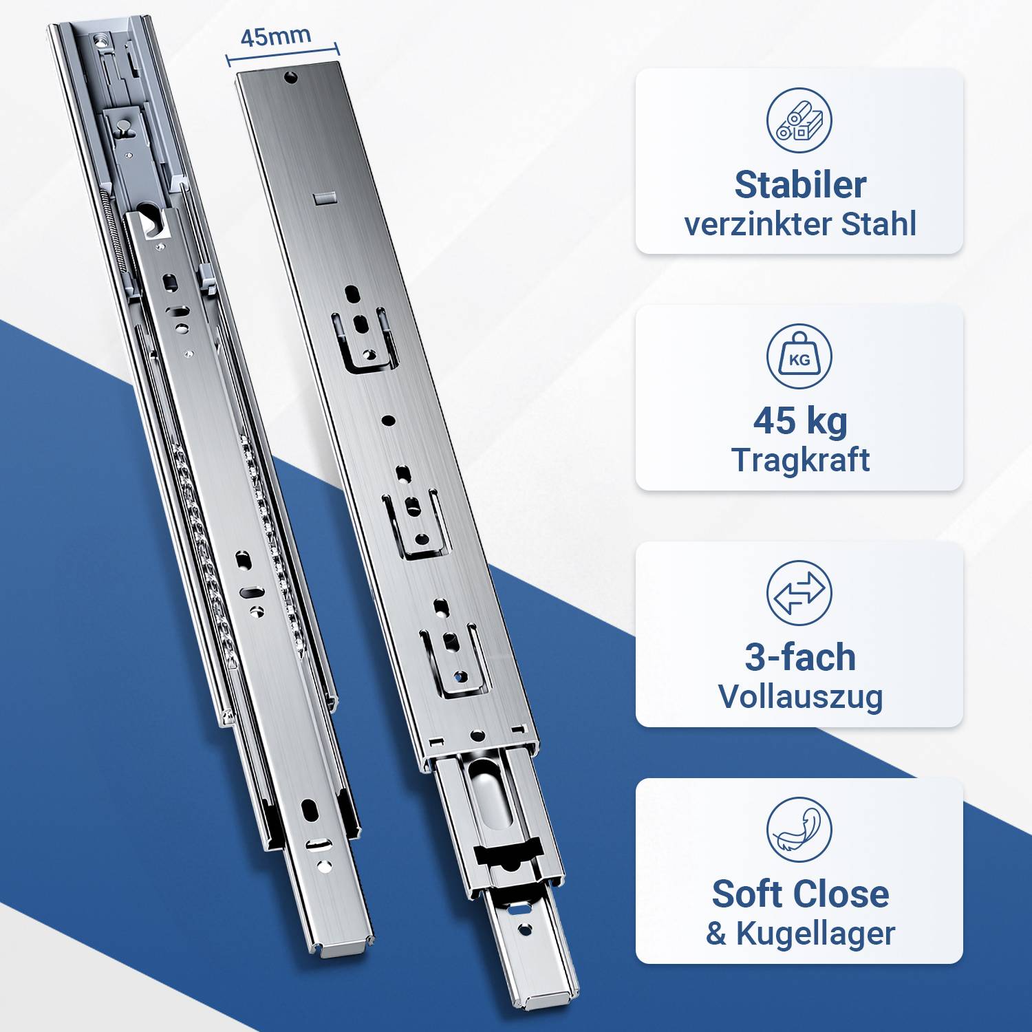 Schubladenschienen, 3-teilig Vollauszug mit Soft-Close & Selbsteinzug, 74 kg Tragkraft, kaltgewalzter Stahl Länge 350mm 4Paar
