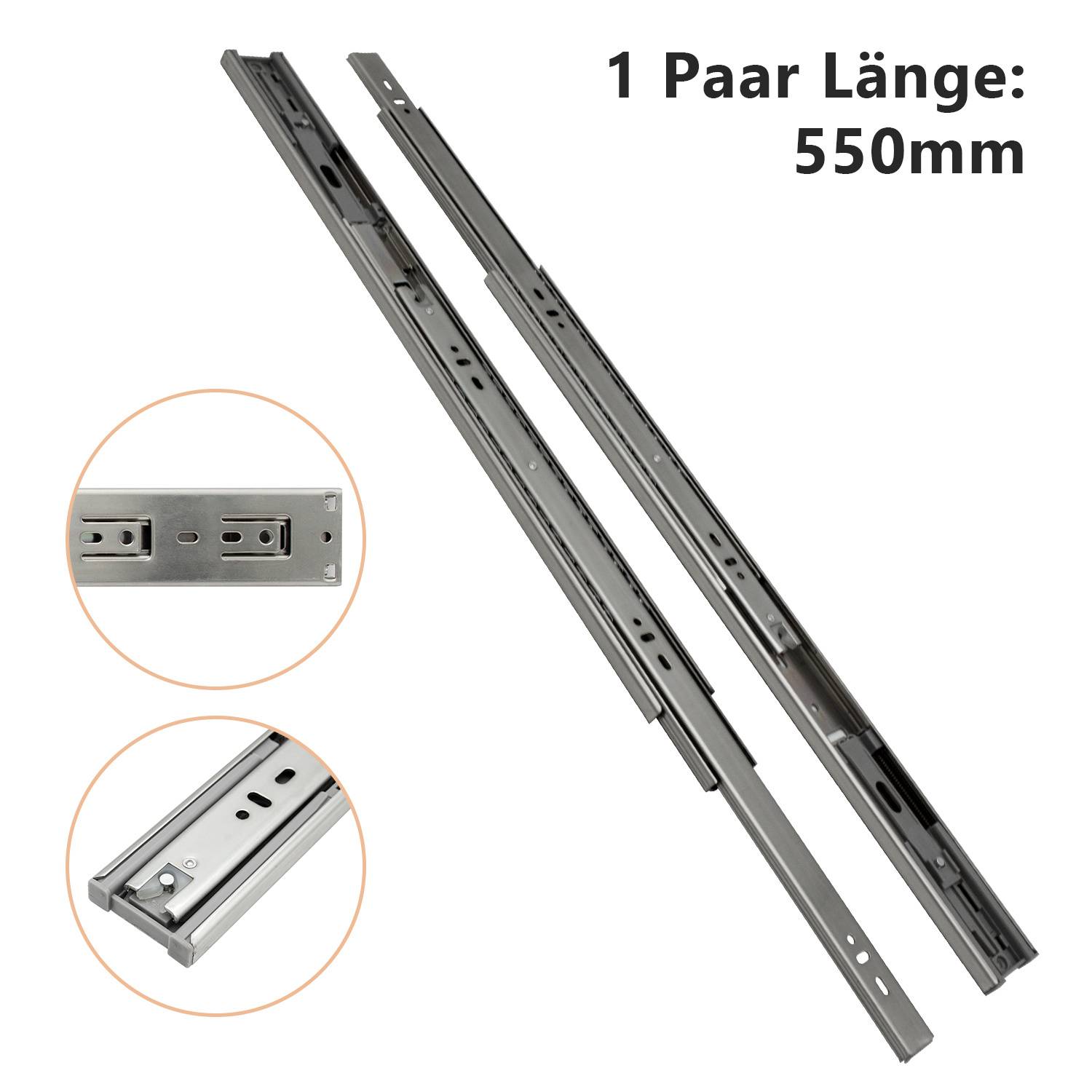 Schubladenschienen, 3-teilig Vollauszug mit Soft-Close & Selbsteinzug, 78 kg Tragkraft, kaltgewalzter Stahl Länge 550mm 4Paar