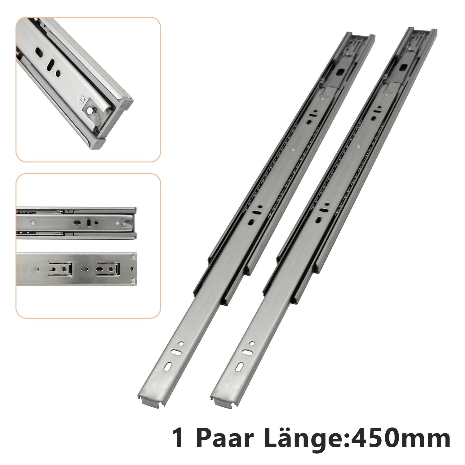 Schubladenschienen, 3-teilig Vollauszug mit Soft-Close & Selbsteinzug, 85 kg Tragkraft, kaltgewalzter Stahl Länge 450mm 5Paar