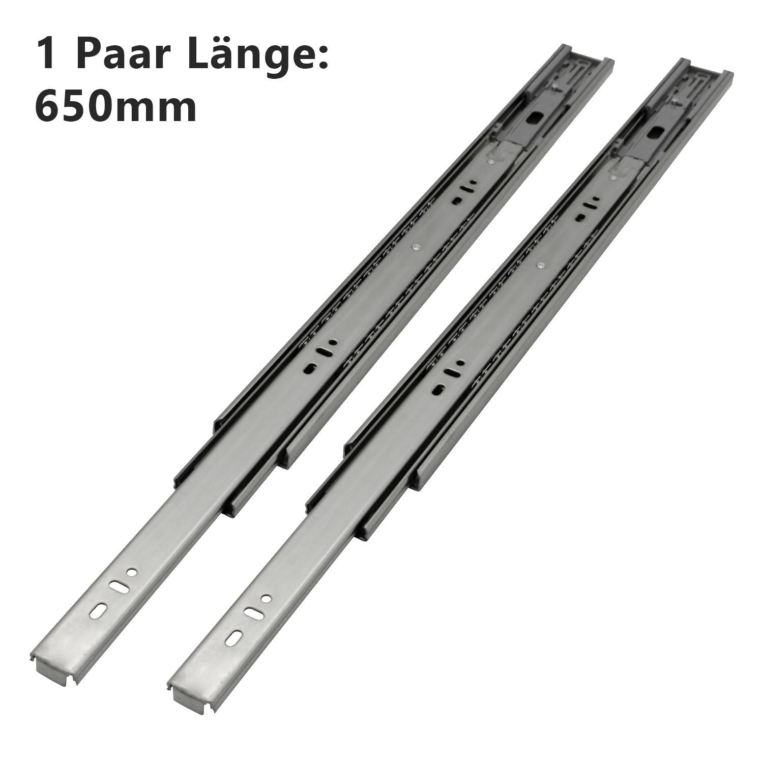 Schubladenschienen, 3-teilig Vollauszug mit Soft-Close & Selbsteinzug, 62 kg Tragkraft, kaltgewalzter Stahl Länge 650mm 2Paar
