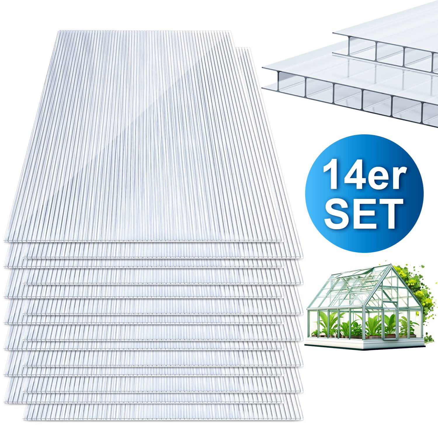 14x Polycarbonat Hohlkammerplatten 4mm Transparent UV Gewächshaus 10,25m²