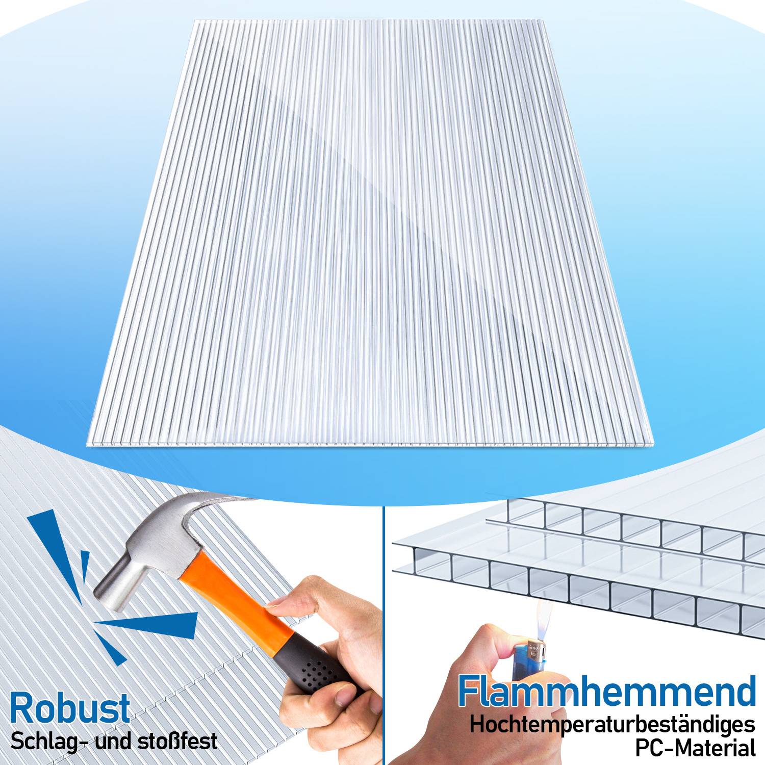 10x Polycarbonat Hohlkammerplatten 8mm Transparent UV Doppelstegplatten 7,32m²