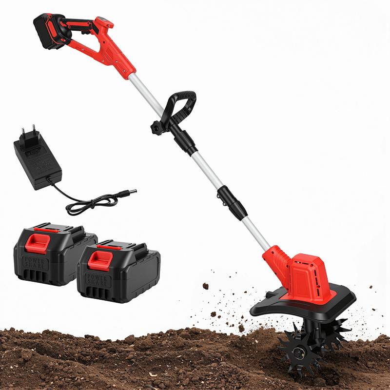 Akku-Bodenhacke Elektro Gartenfräse Kultivator für Gartenarbeit Beetpflege Bodenlockerung mit 2 Akkus Set 400W