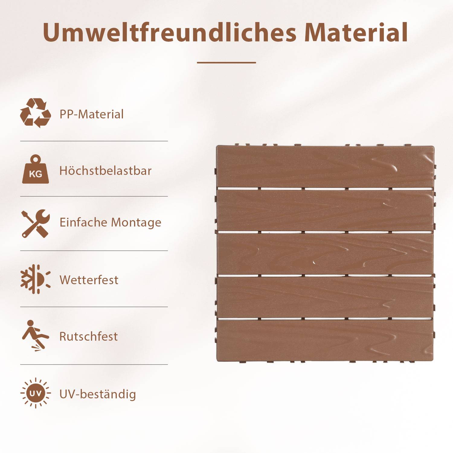 66 Stück Terrassenfliesen 6 qm, 30x30cm Kunststoff Fliesen Klickfliesen Balkonfliesen Holzoptik Gestreift, Wetterfest, Anti-Rutsch, Braun 5-Streifen