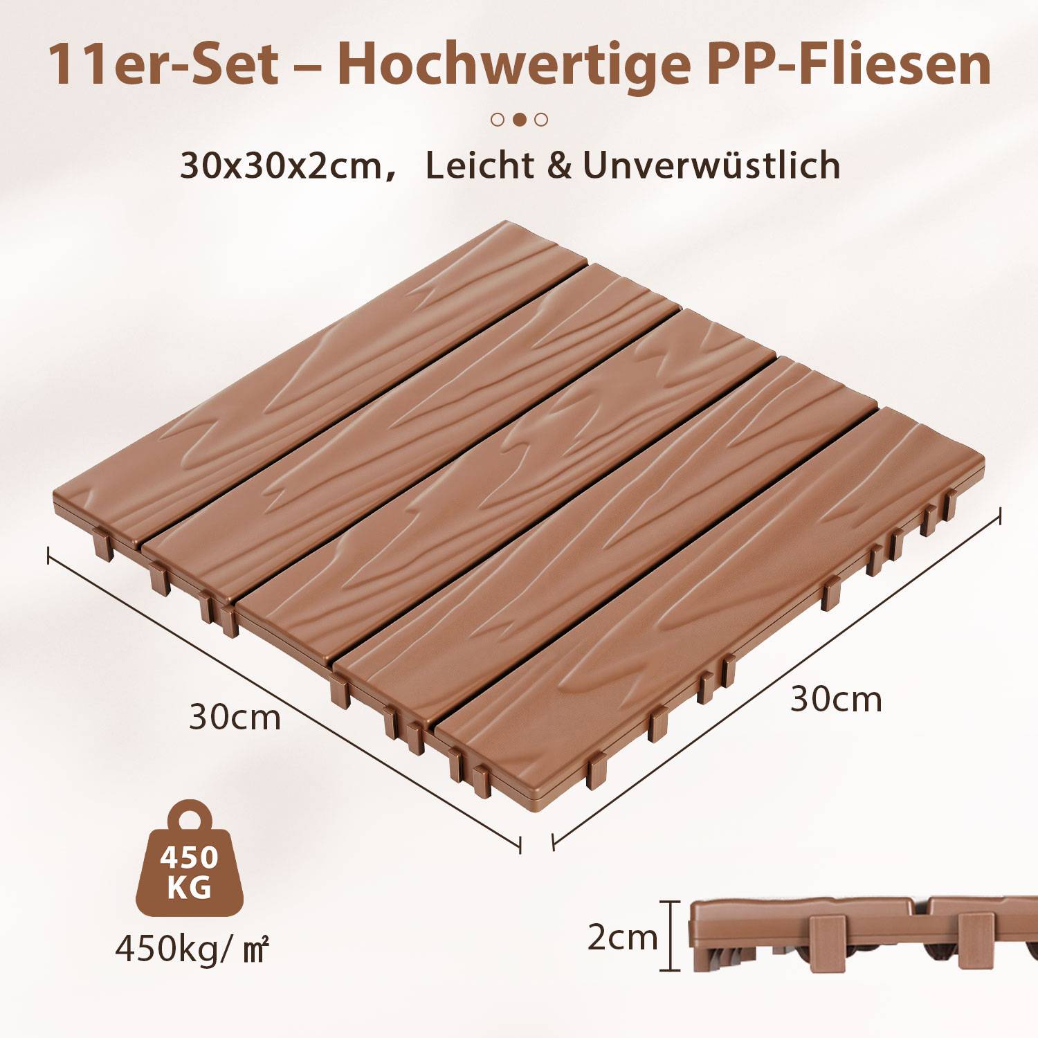 Kunststoff-Bodenfliesen 66 Stück 30x30x2 cm Klickfliesen Terrasse Balkon Rotbraun 5er-Reliefmuster