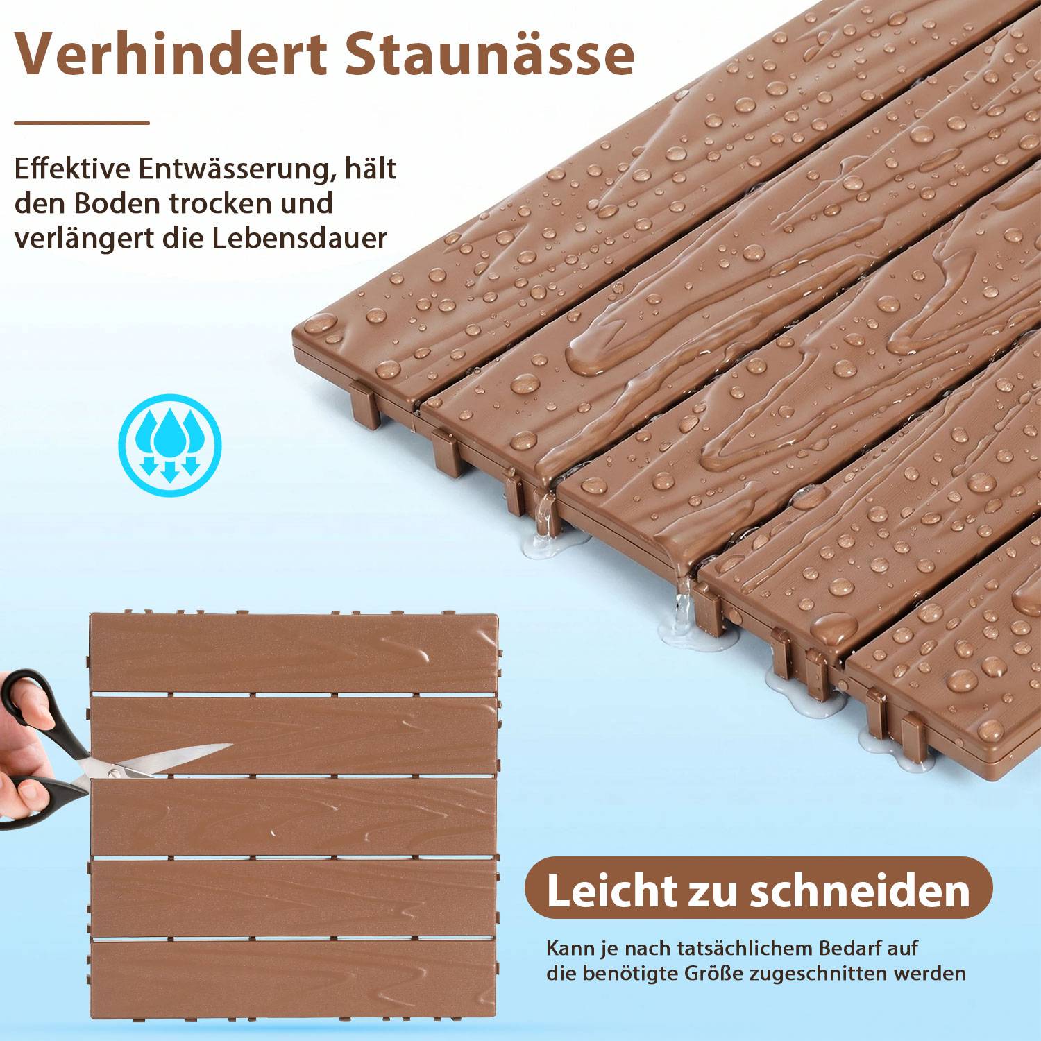 33 Stück Terrassenfliesen 3 qm, 30x30cm Kunststoff Fliesen Klickfliesen Balkonfliesen Holzoptik Gestreift, Wetterfest, Anti-Rutsch, Braun 5-Streifen