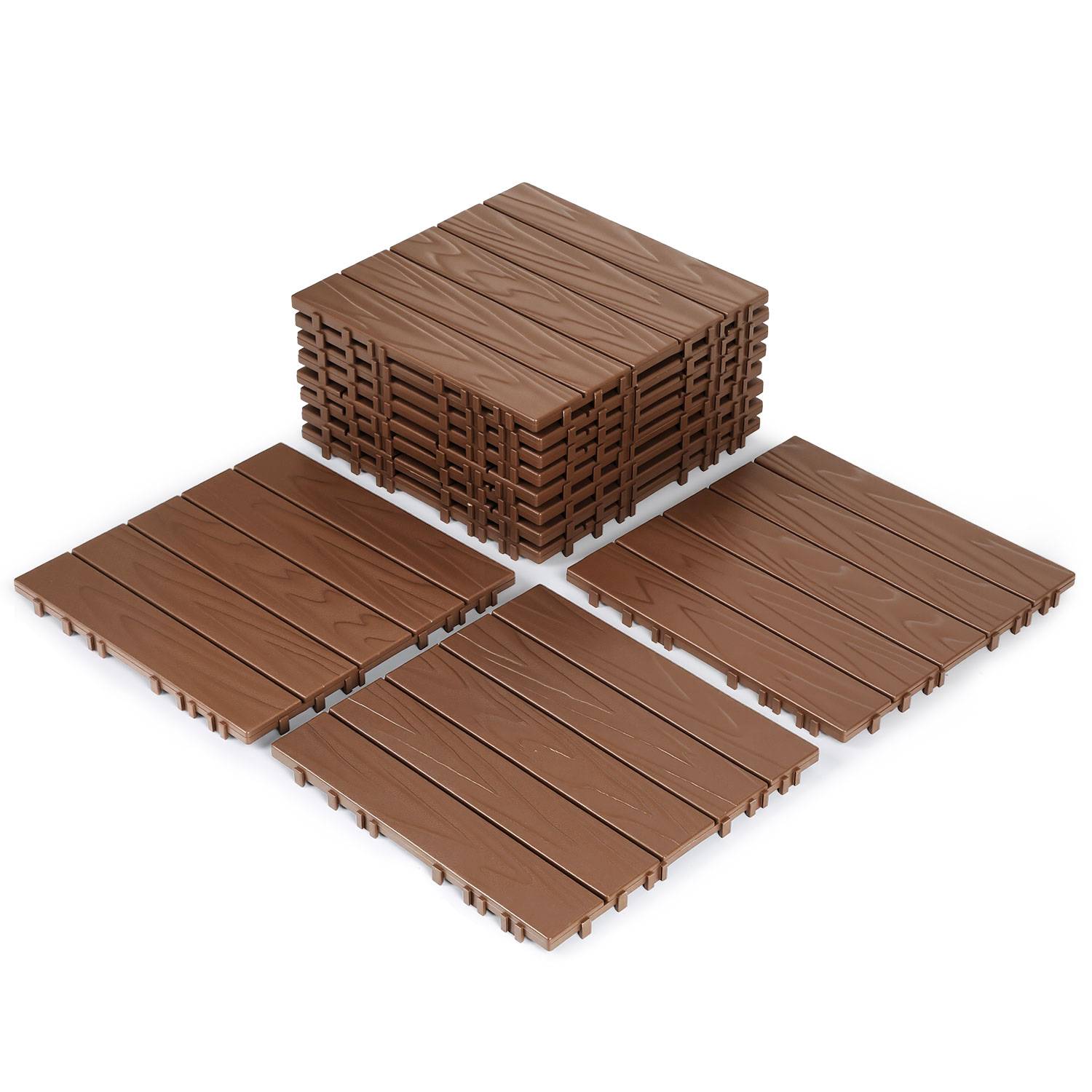 11 Stück Terrassenfliesen 1 qm, 30x30cm Kunststoff Fliesen Klickfliesen Balkonfliesen Holzoptik Gestreift, Wetterfest, Anti-Rutsch, Braun 5-Streifen