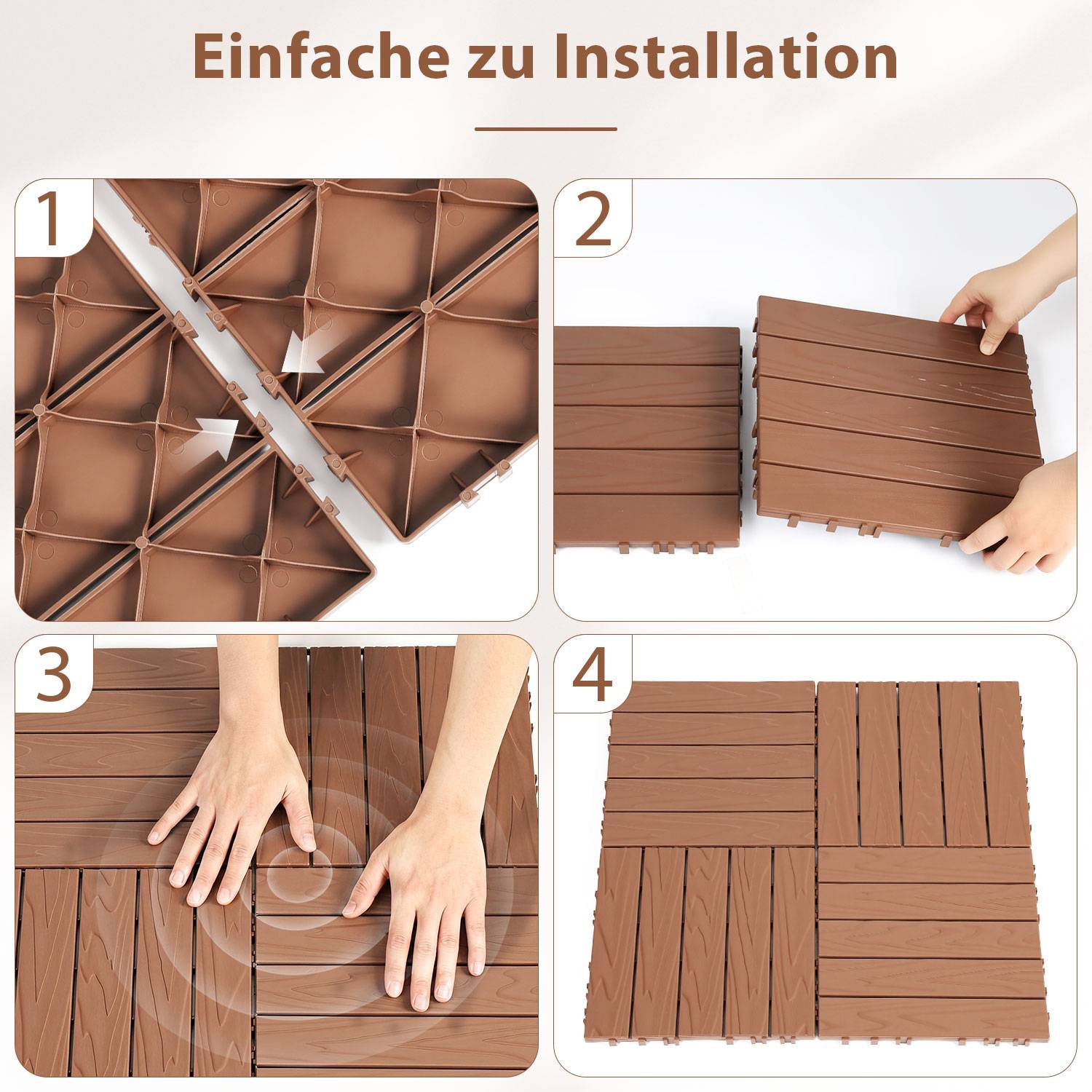 33 Stück Terrassenfliesen 3 qm, 30x30cm Kunststoff Fliesen Klickfliesen Balkonfliesen Holzoptik Gestreift, Wetterfest, Anti-Rutsch, Braun 5-Streifen