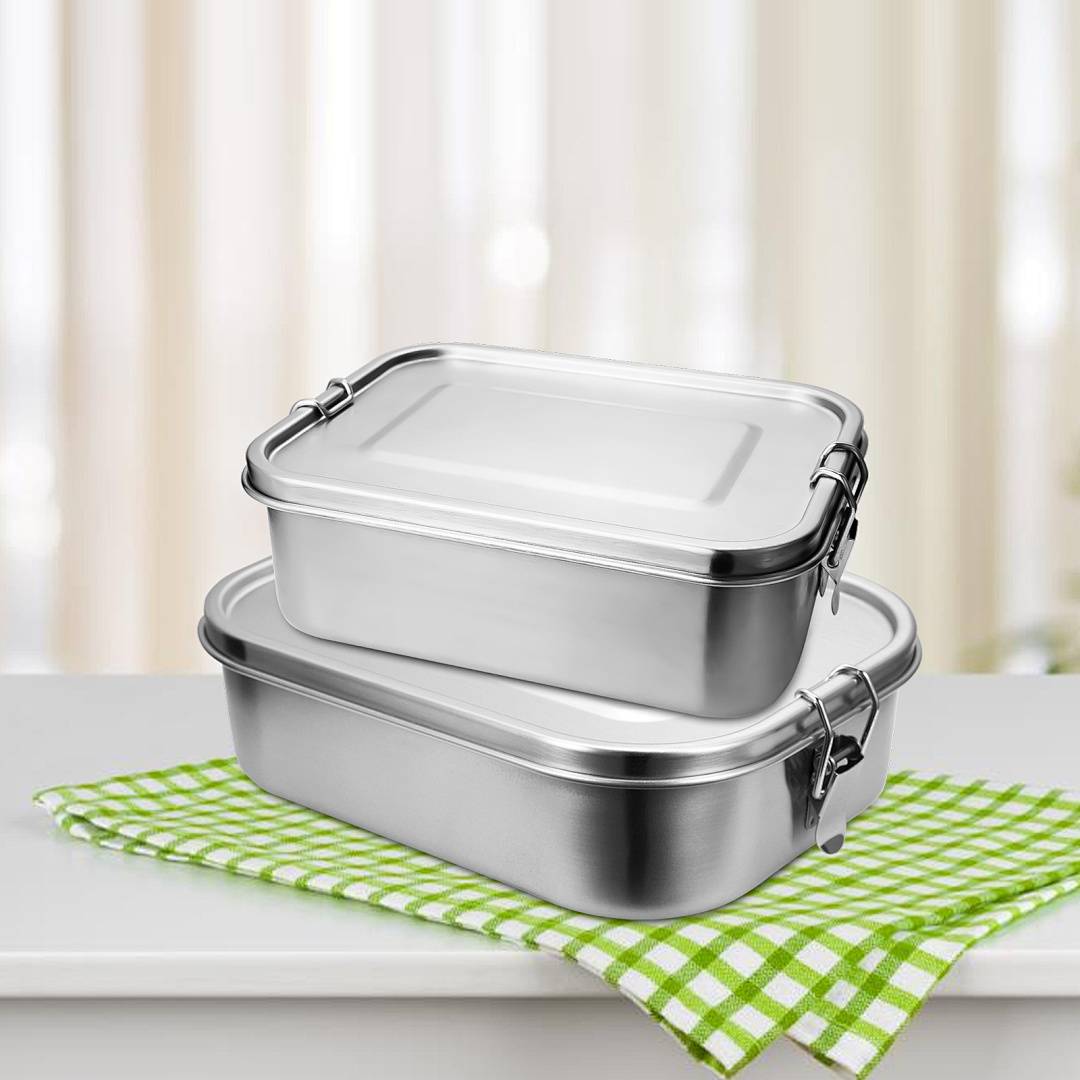 Auslaufsichere Brotdose aus Edelstahl, Lunchbox mit festem Verschluss und Fächern 800ml+1400ml